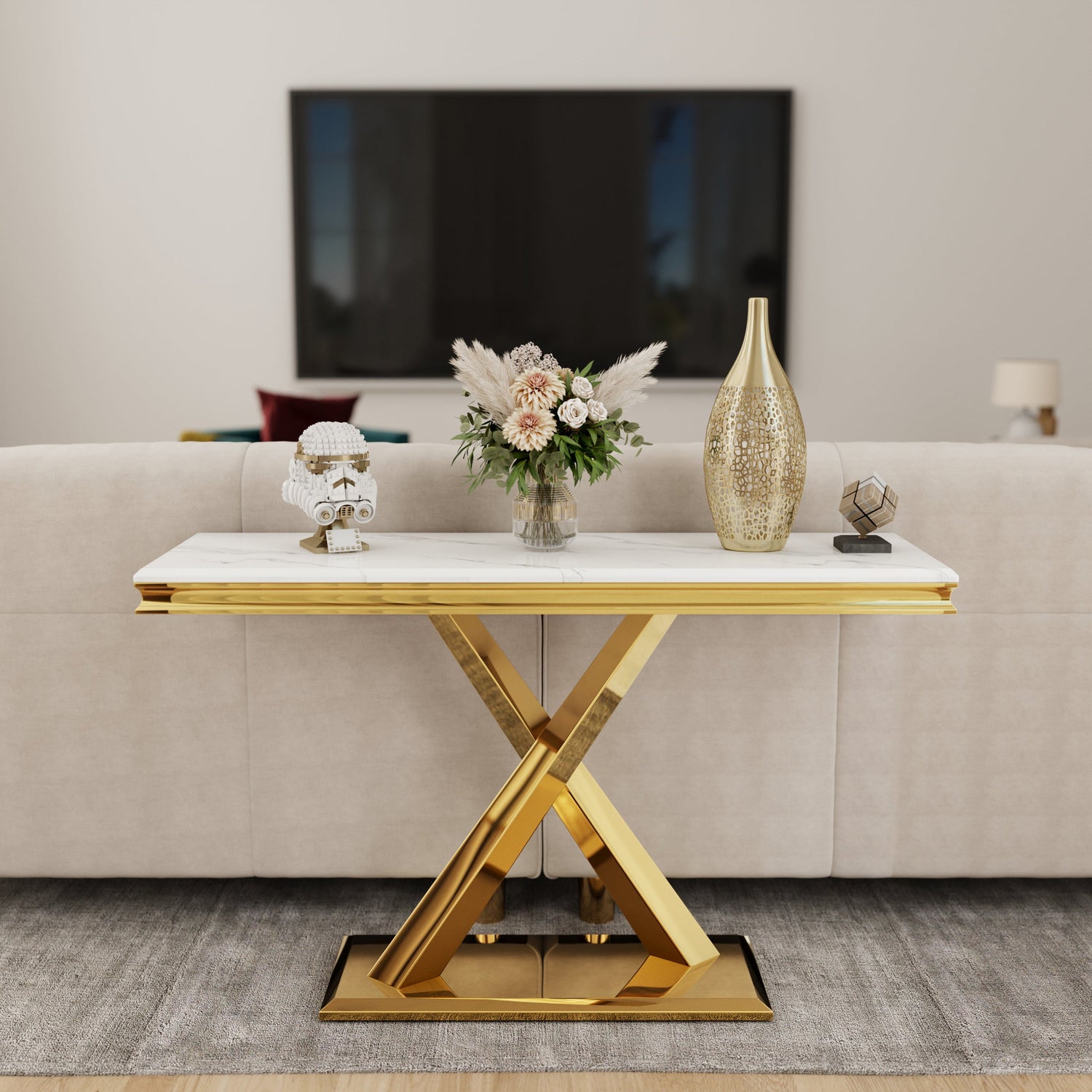 X Shape Gold and White Console Table, Modern and Simple