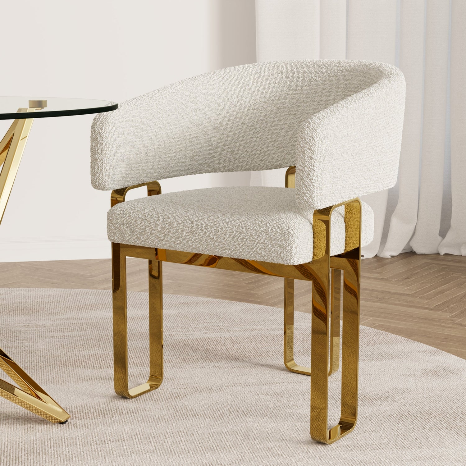 White and Gold Dining Chair with Arm, Upholstered Cushion and Stainless Steel Legs, Suitable for Kitchen, Dining Room
