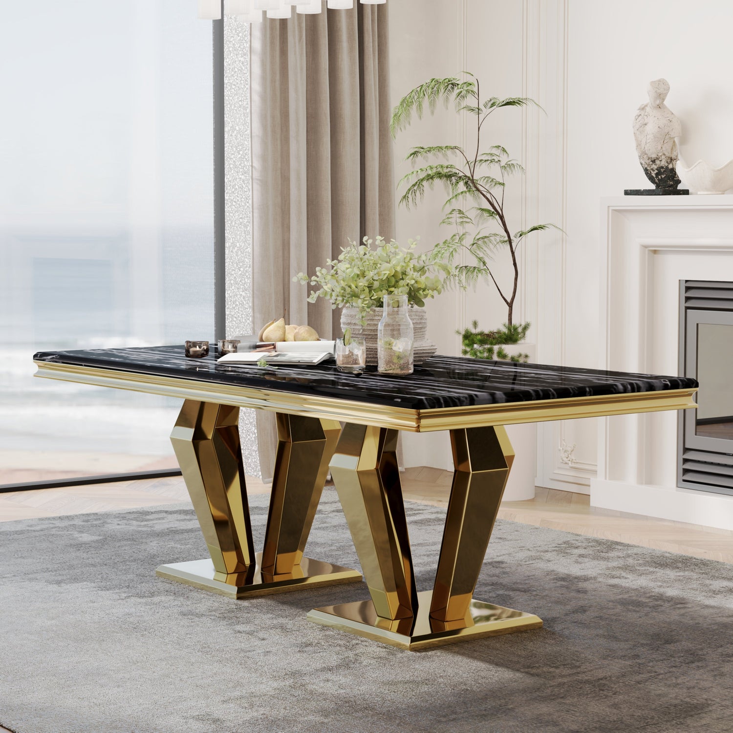 78 inch Black and Gold Dining Table, Faux Marble Tabletop and Polished Gold Base, Charming and Attractive.