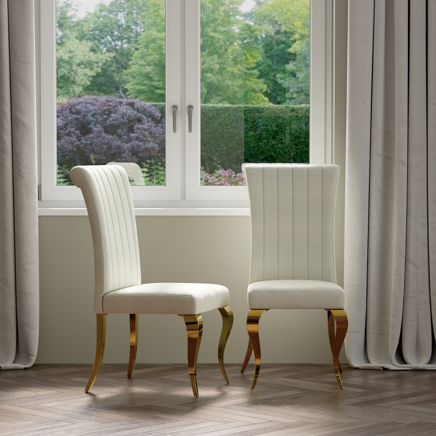White and Gold Dining Chairs, High Back and Modern Lines, Stainless Steel Legs