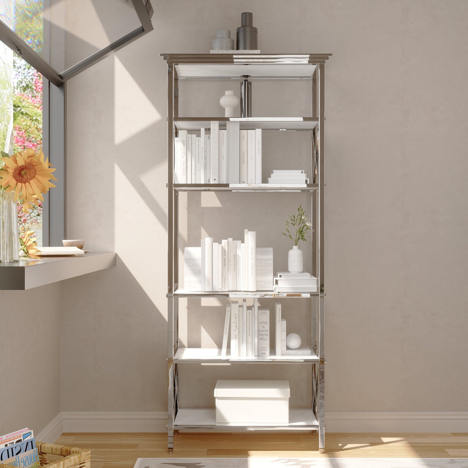 Silver Bookcase Set of 2, Glass Tabletop and Stainless Steel Frame, 71 Inch Shelf for Living Room Study Room