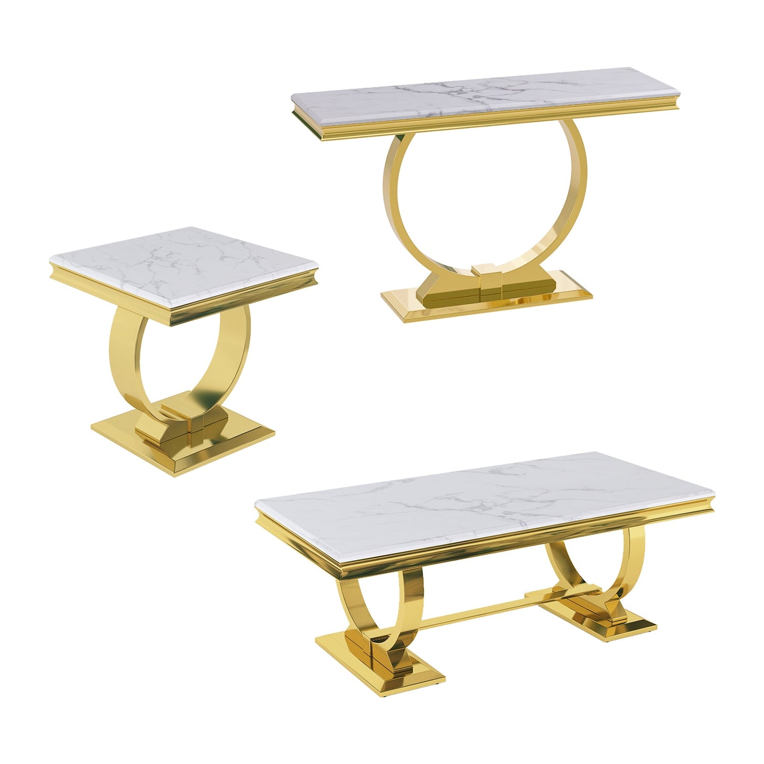 white and gold coffee table set, modern living room table set, white tabletop and stainless steel frame