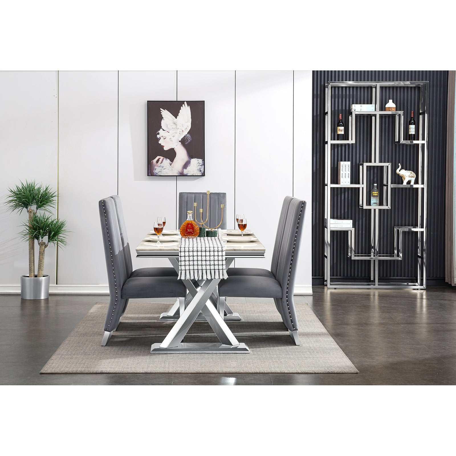 Gray Silver DIning table | 72" Rectangle Top | Metal X legs | T212
