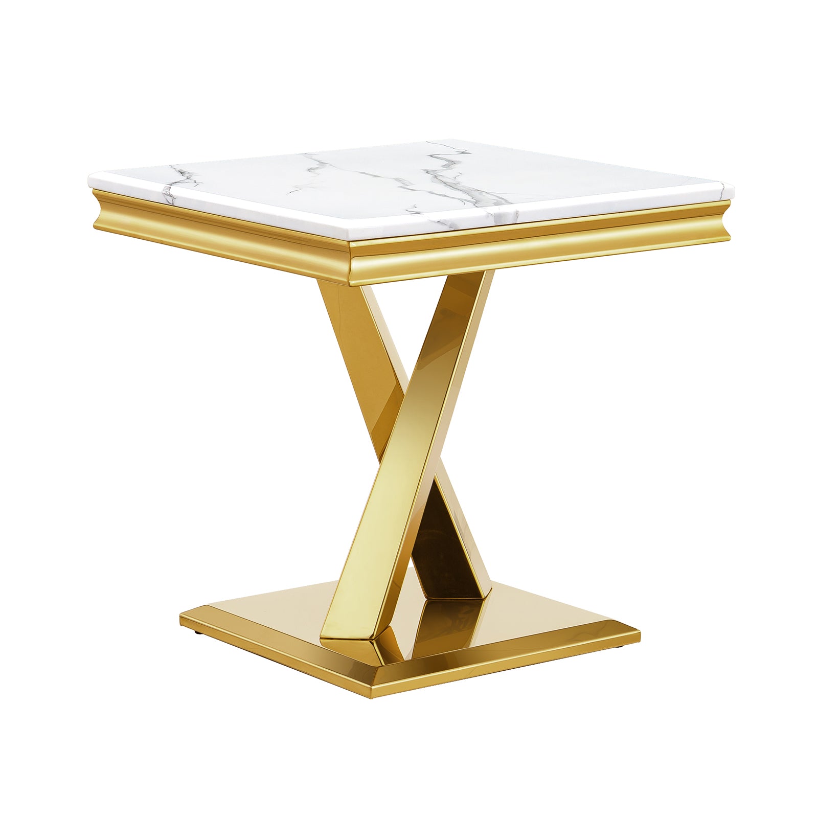 White End Table with gold x base | E403