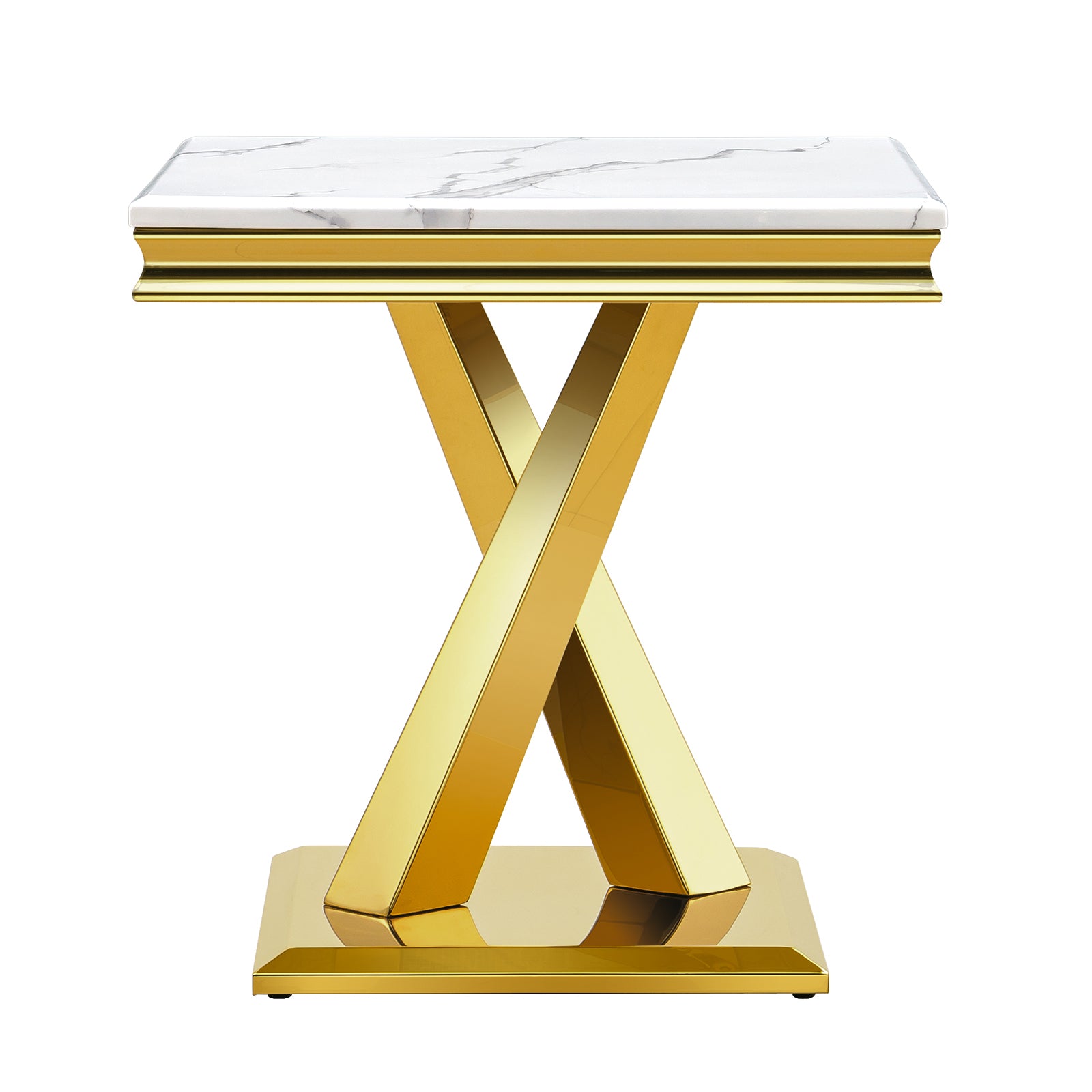 White End Table with gold x base | E403