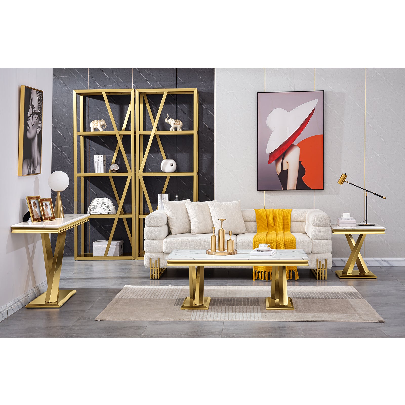 White End Table with gold x base | E403
