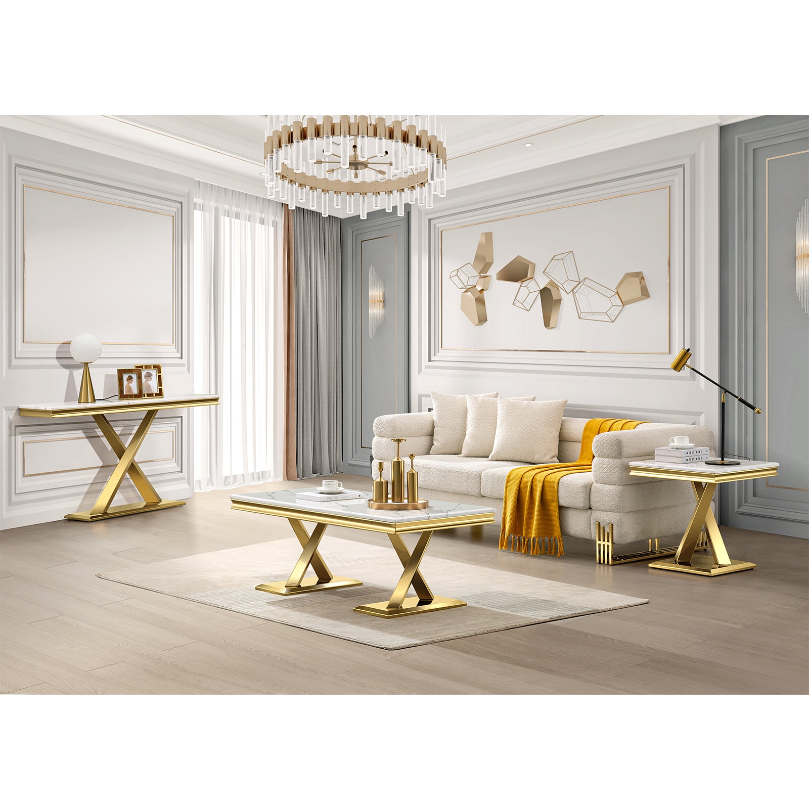 White End Table with gold x base | E403