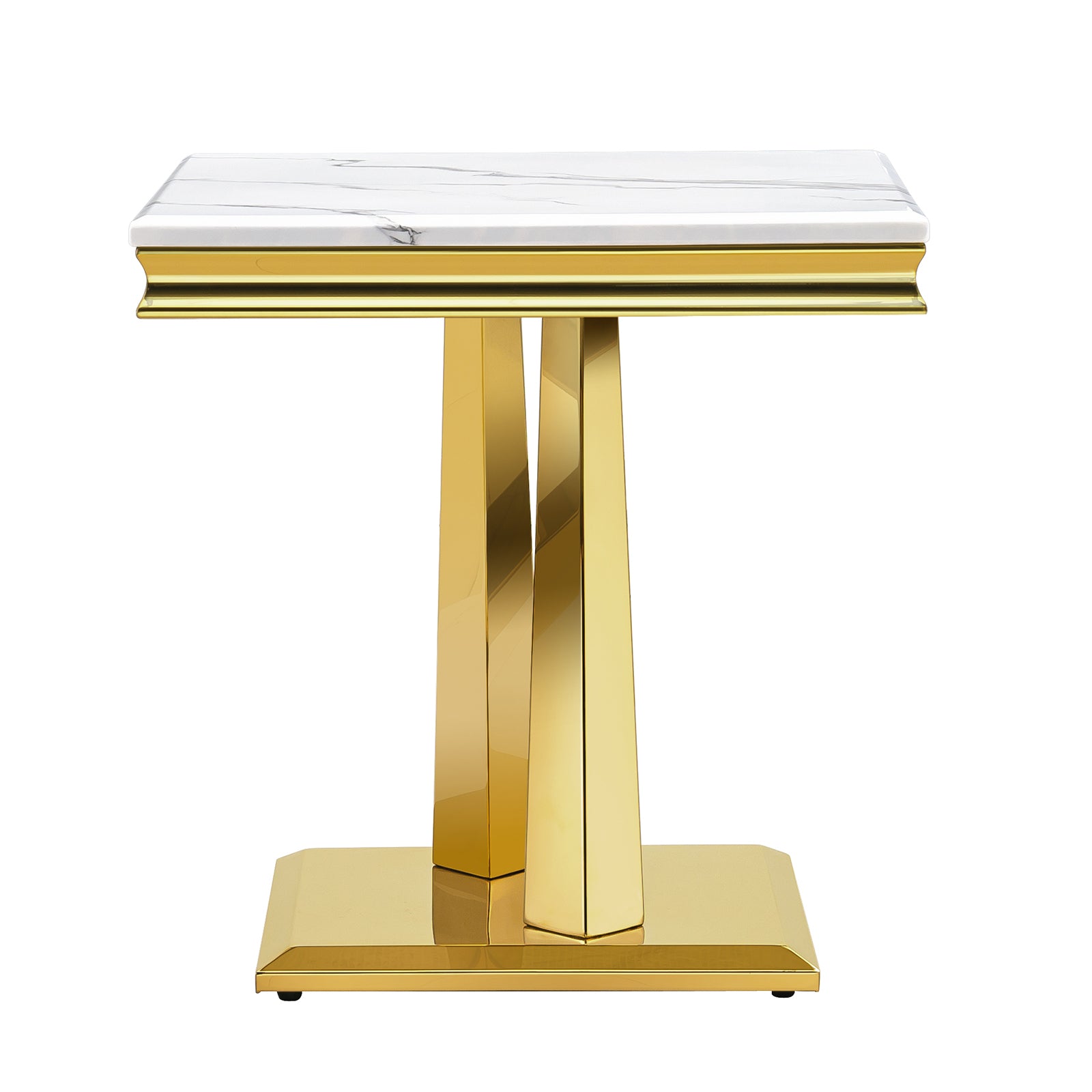 White End Table with gold x base | E403