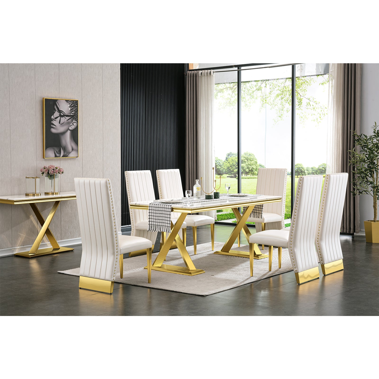White Gold DIning table | 72" Rectangle Top | Metal X legs | T213