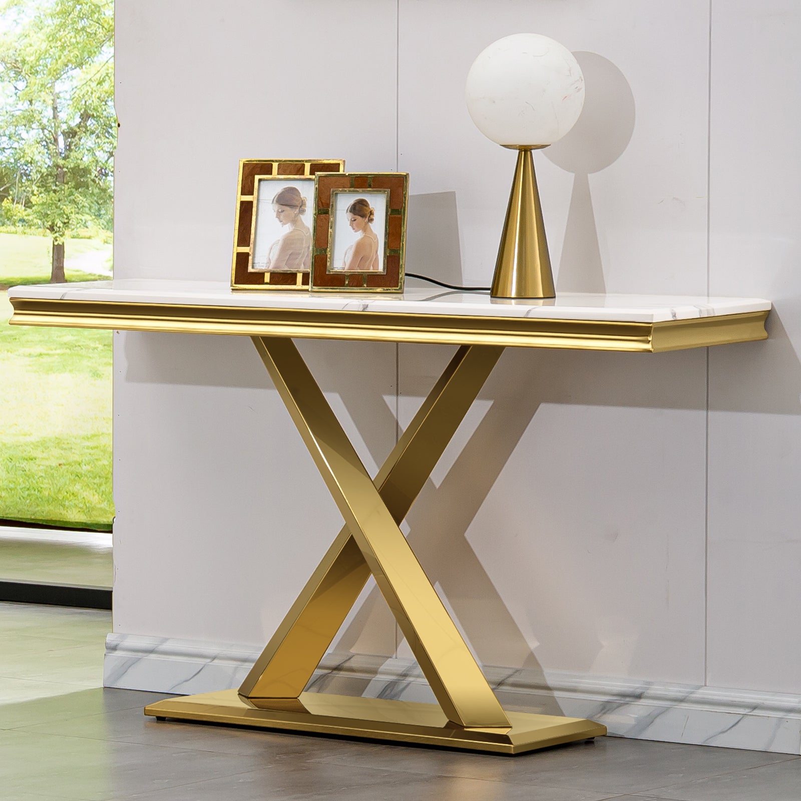 White Gold Sofa Table with Metal X- Base | S522