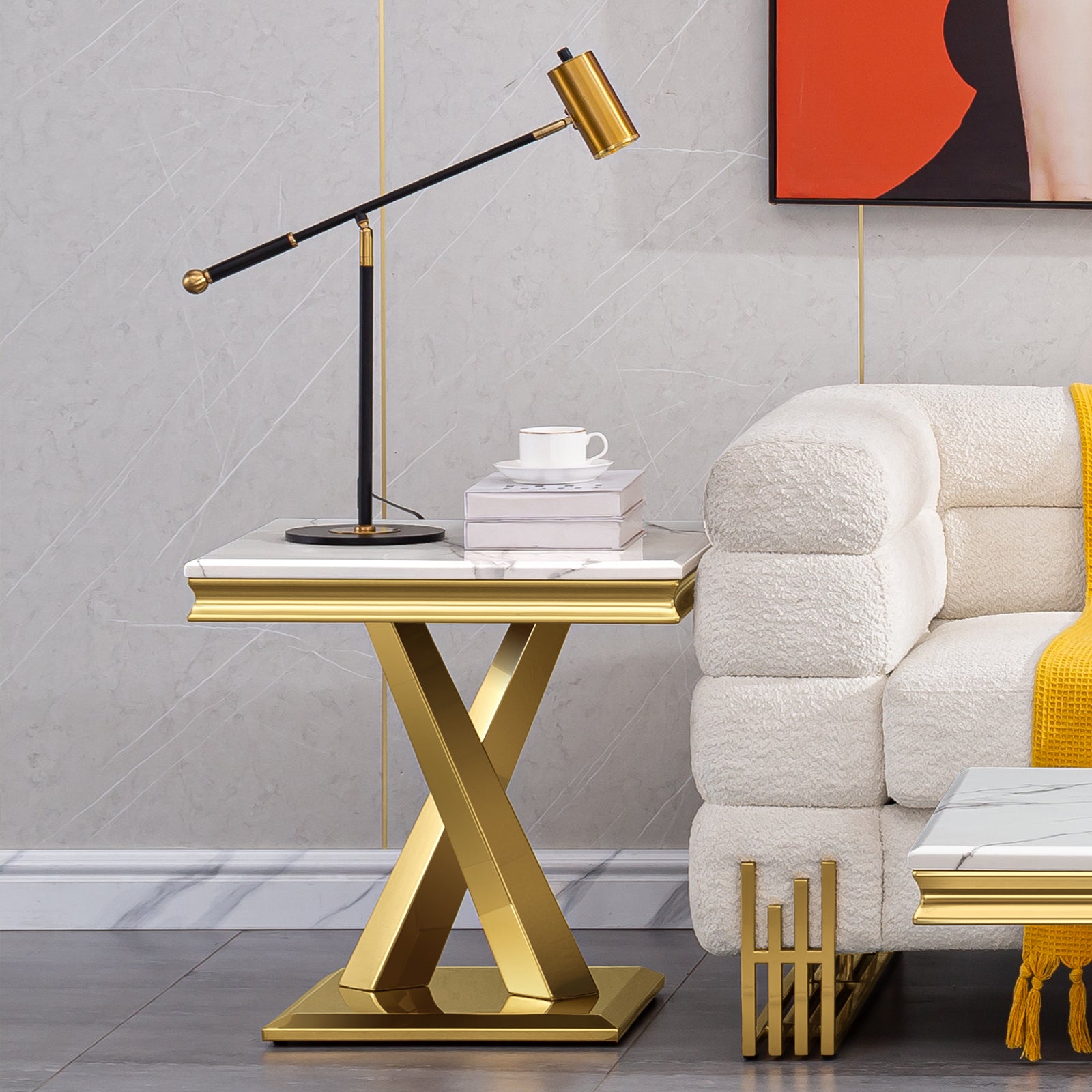 White End Table with gold x base | E403