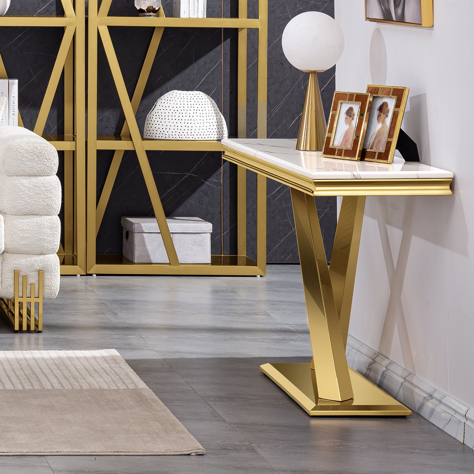 White Gold Sofa Table with Metal X- Base | S522
