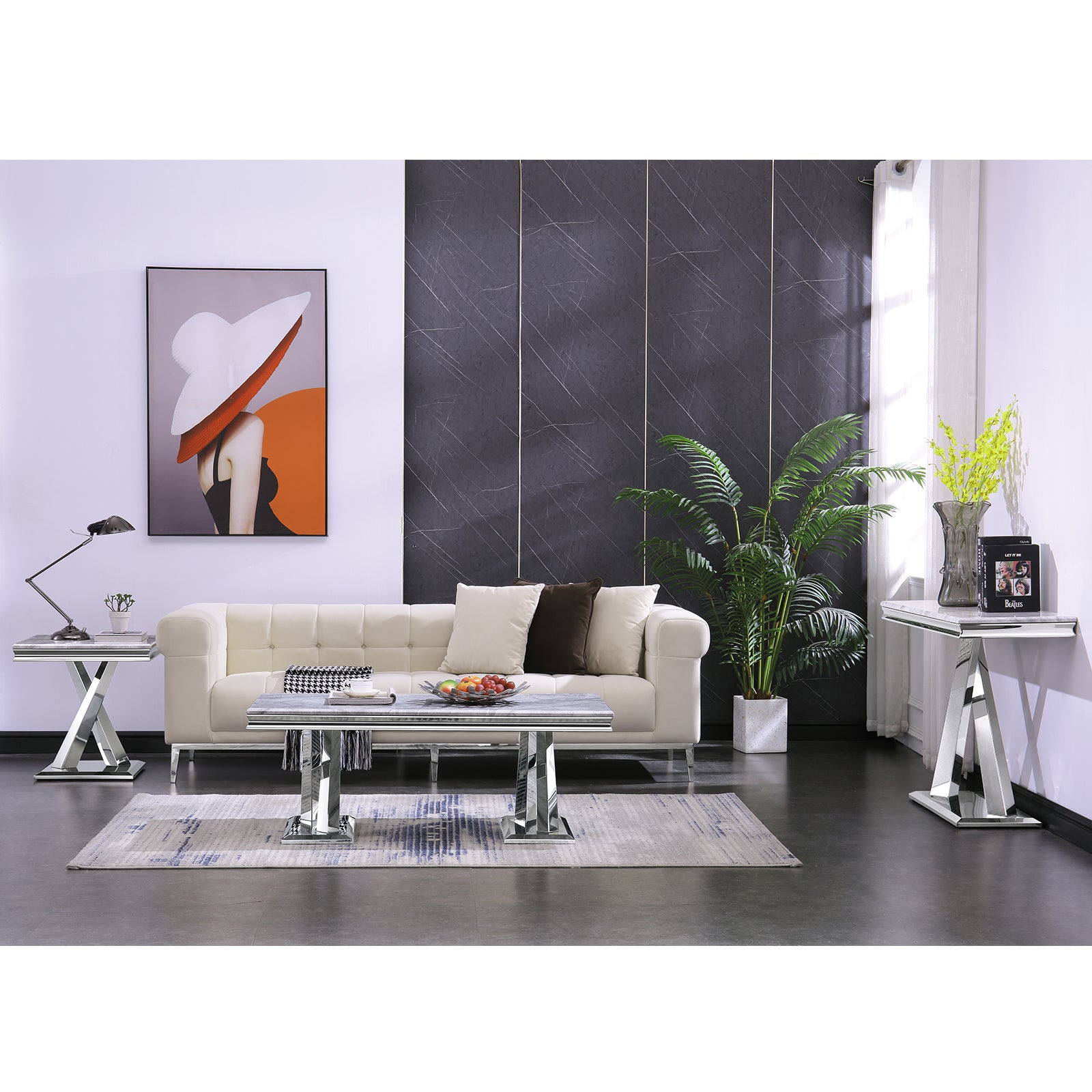 Silver End Table with metal x base | E405