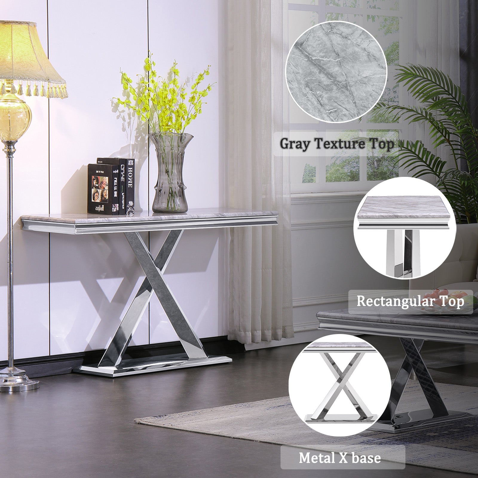 Silver Gray Sofa Table with Metal X- Base | S510