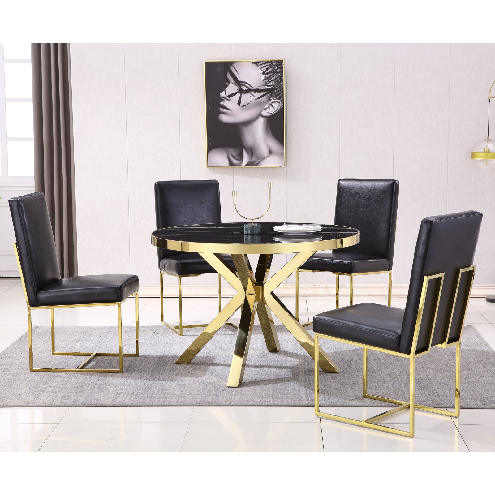 Round table |45" Black Round Top | Gold Metal X Base | T223