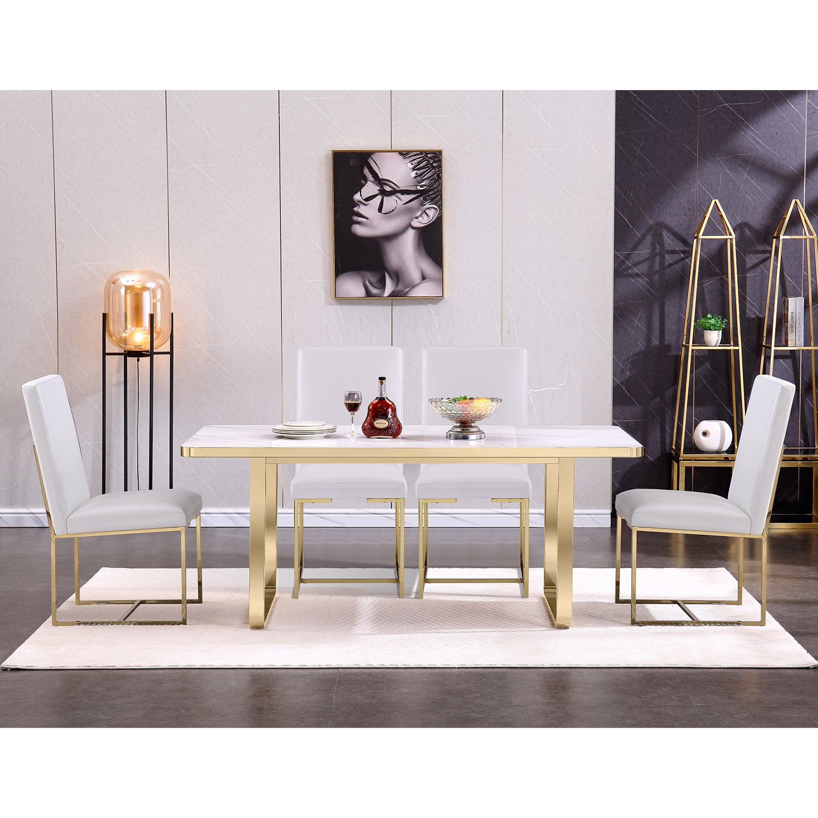White leather Dining Chairs |Square backrest| Metal sled base | C146