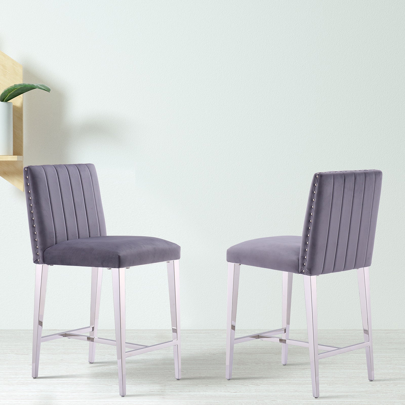 Counter Height Bar Stools | Gray Velvet | 24.8-Inch Height