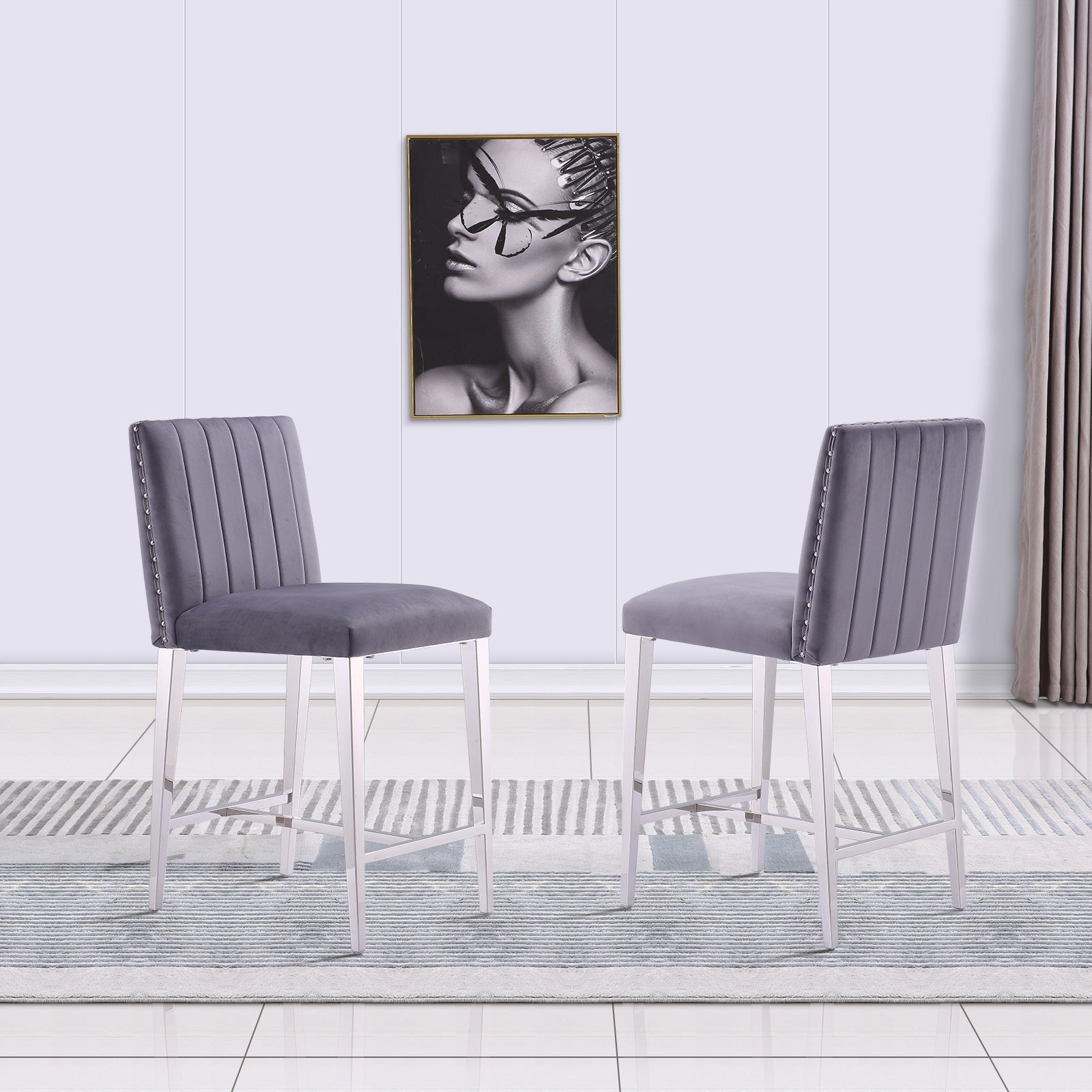 Counter Height Bar Stools | Gray Velvet | 24.8-Inch Height