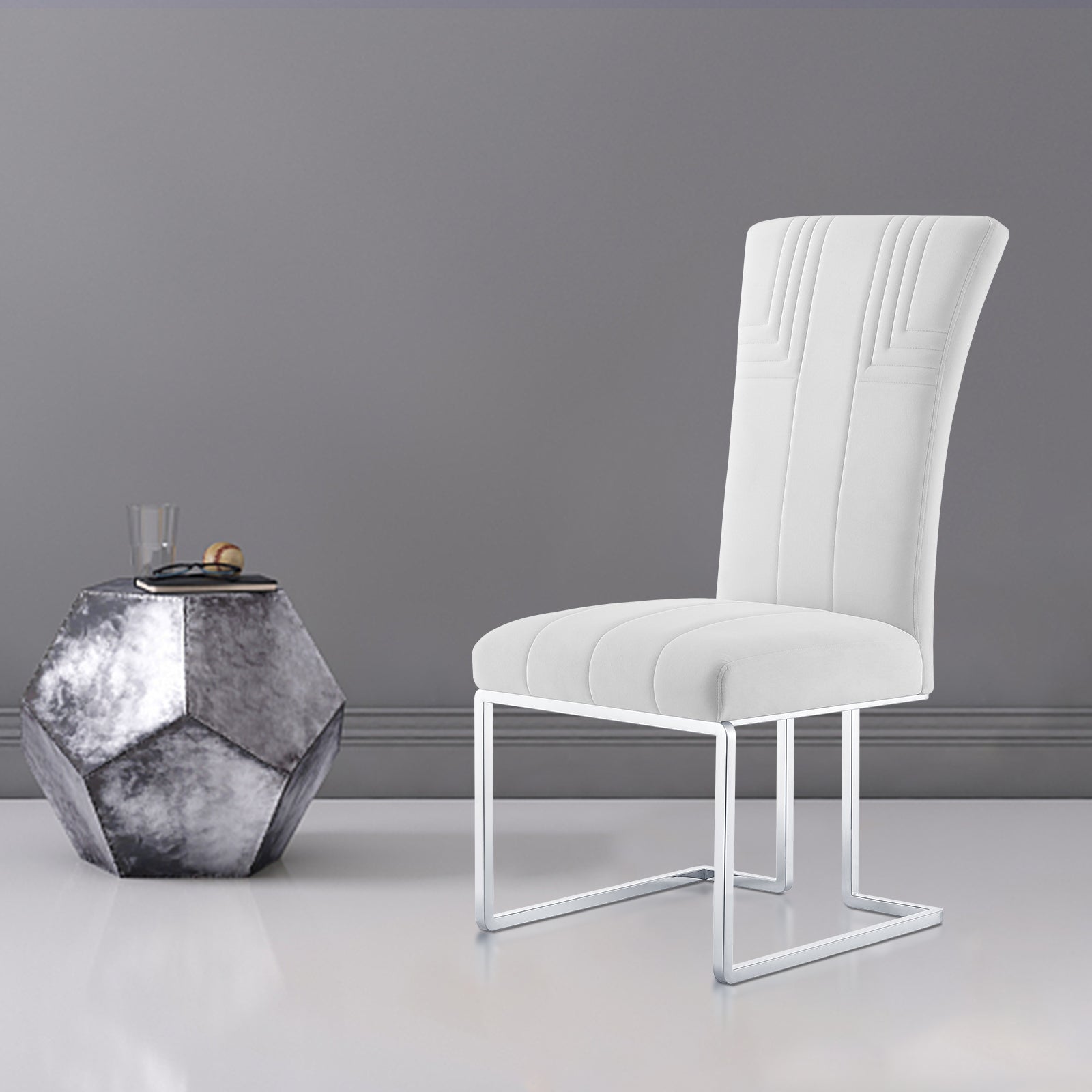 Off white Velvet dining chairs | Metal Sled Base| C118