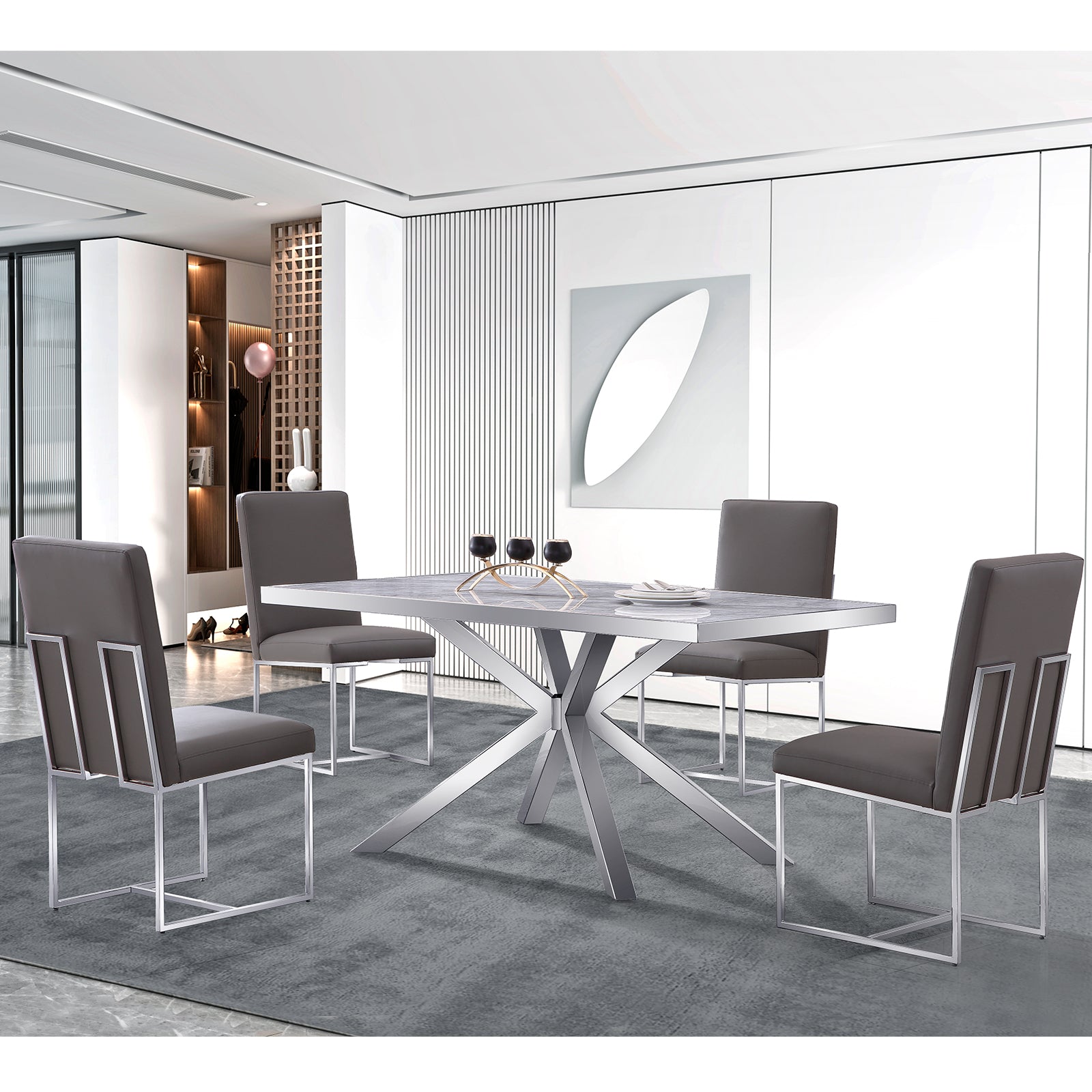 Gray leather Dining Chairs | Square backrest| Metal sled base | C145