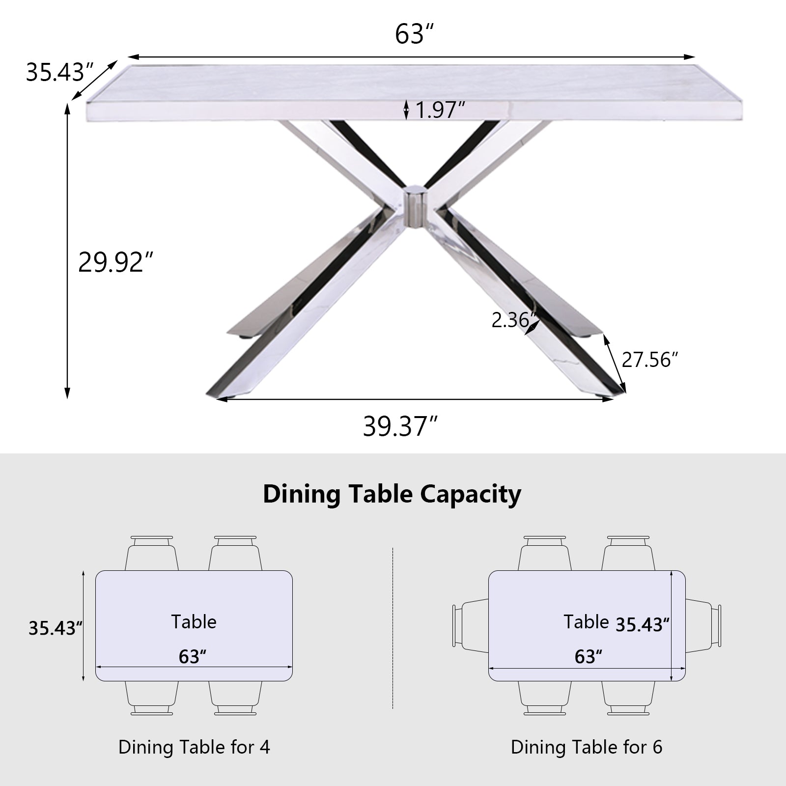 Gray Silver dining table | 63" Gray rectangle Top | Metal X-Base | T220