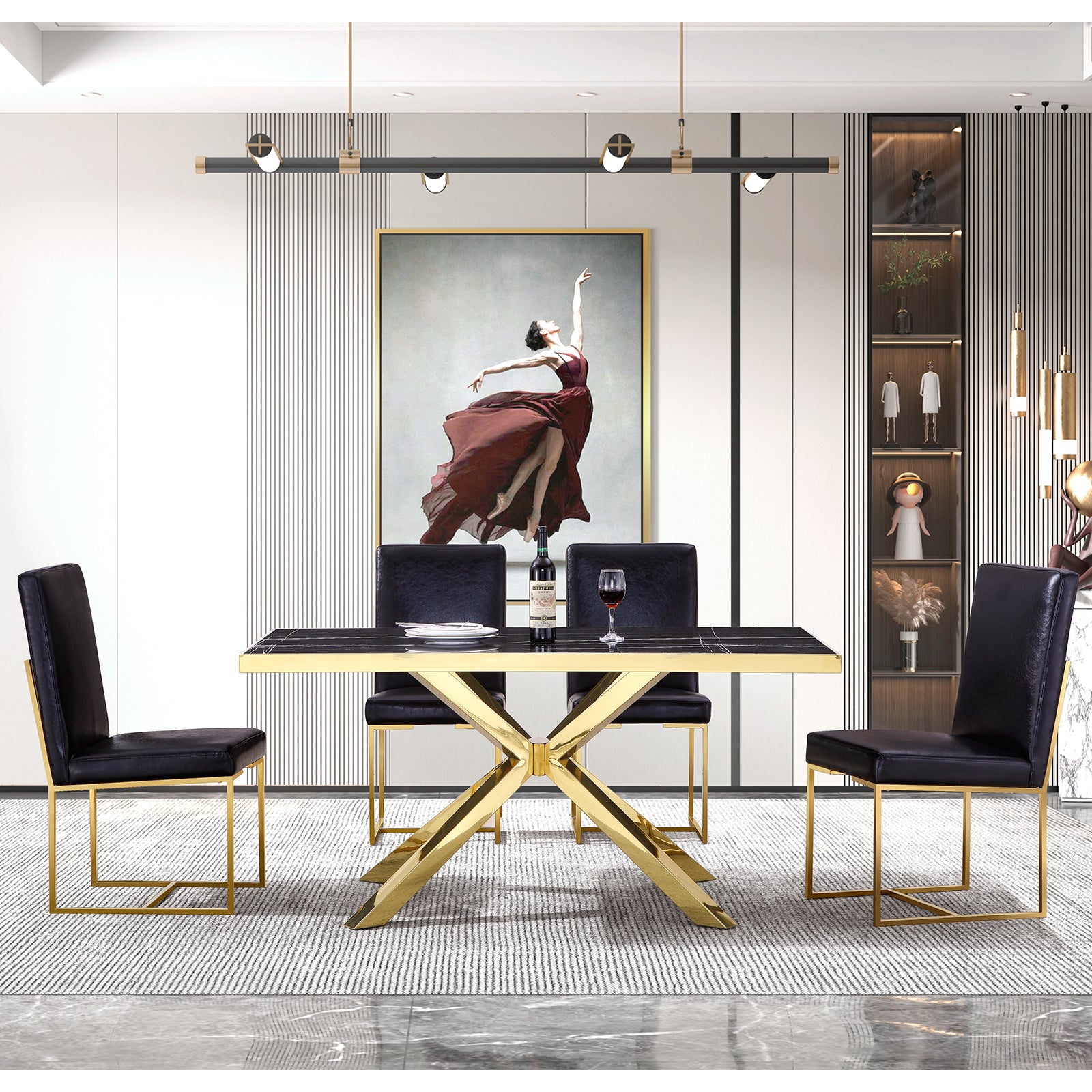 Black Gold dining table | 63" Black rectangle Top | Metal X-Base | T221