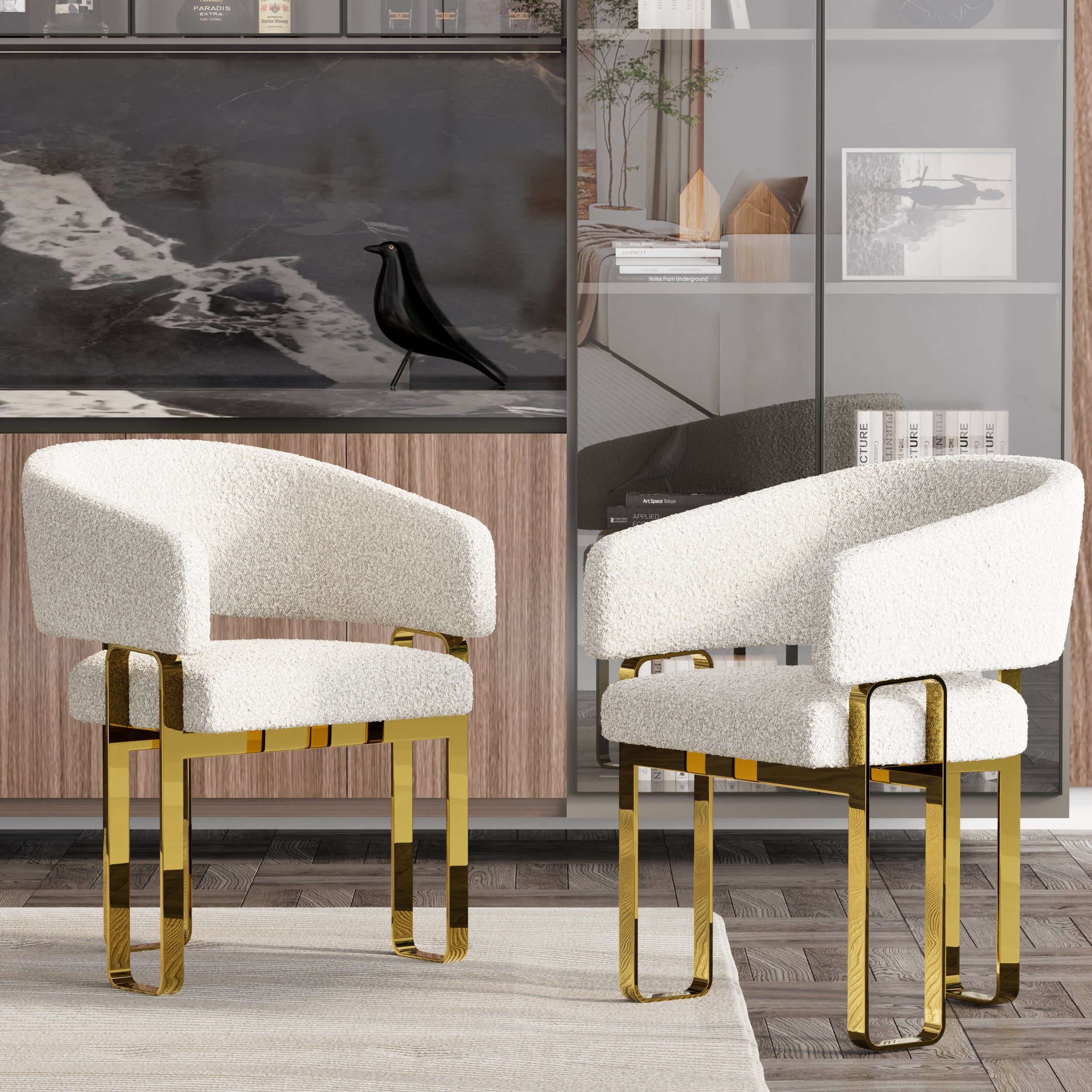 AUZ Luxury Arm Chairs | Boucle Dining Room Chairs | Polished Stainless Steel Legs | C185