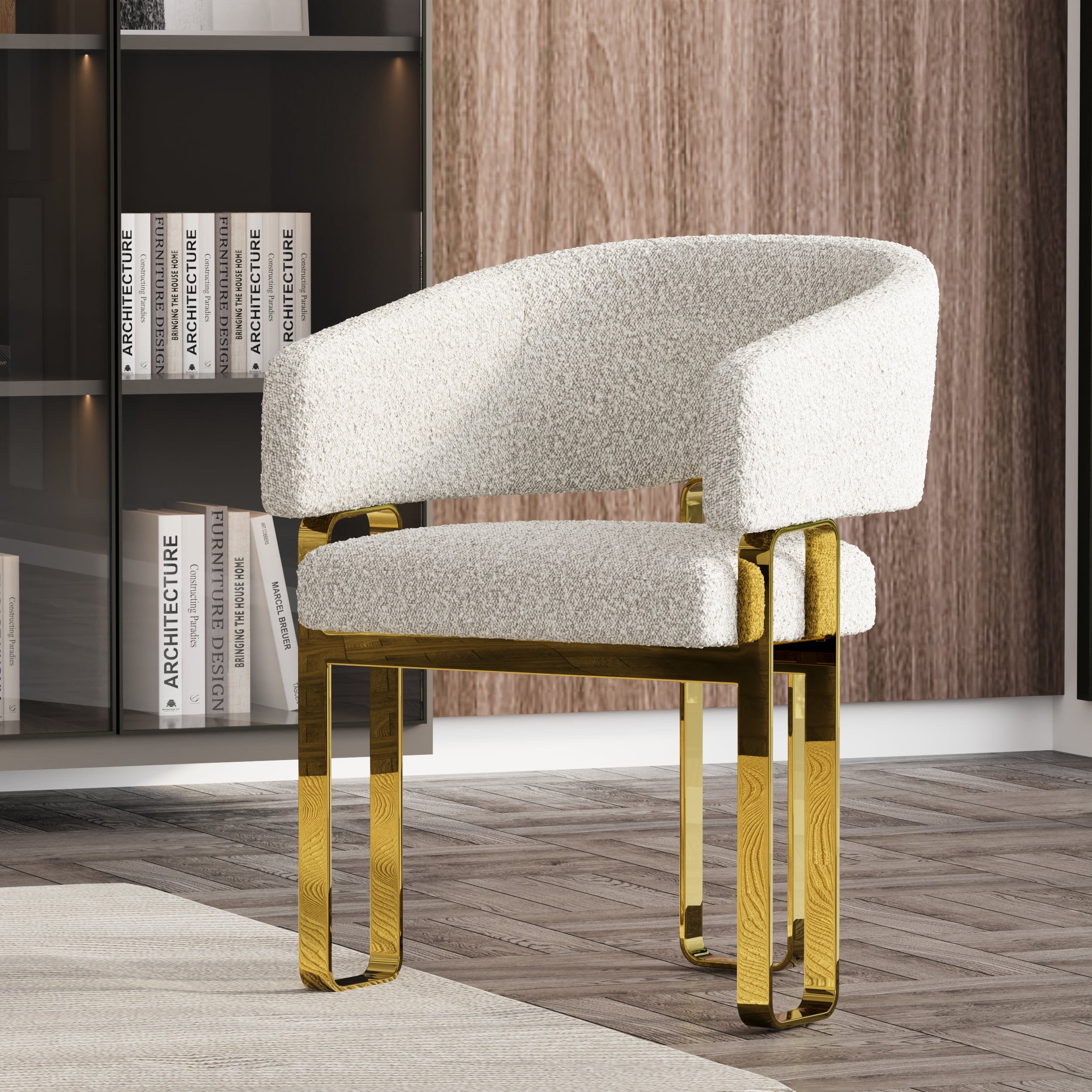 AUZ Luxury Arm Chairs | Boucle Dining Room Chairs | Polished Stainless Steel Legs | C185