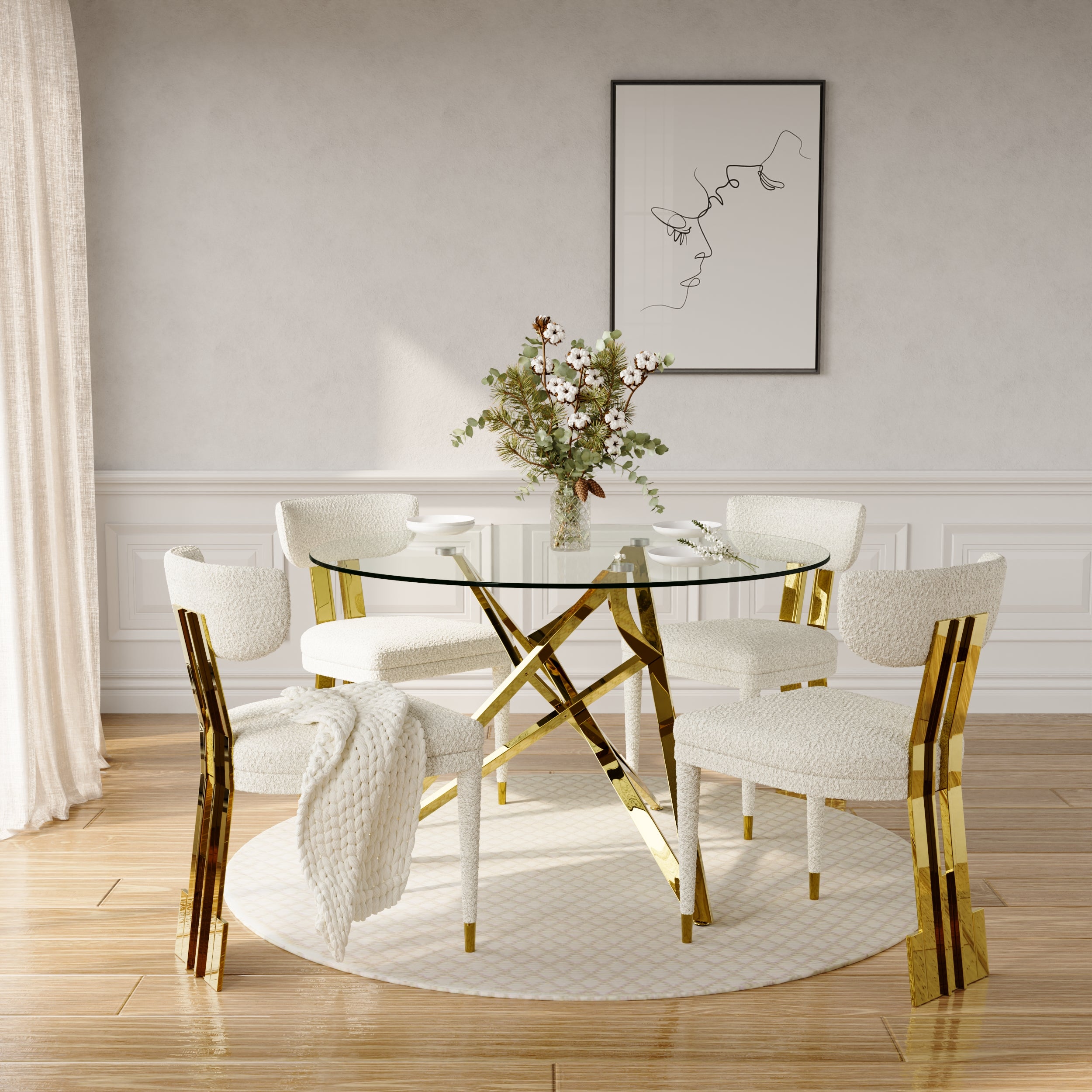 Round Dining Table | 47" Gold Glass Dining Table | Stable triangle structure | T229