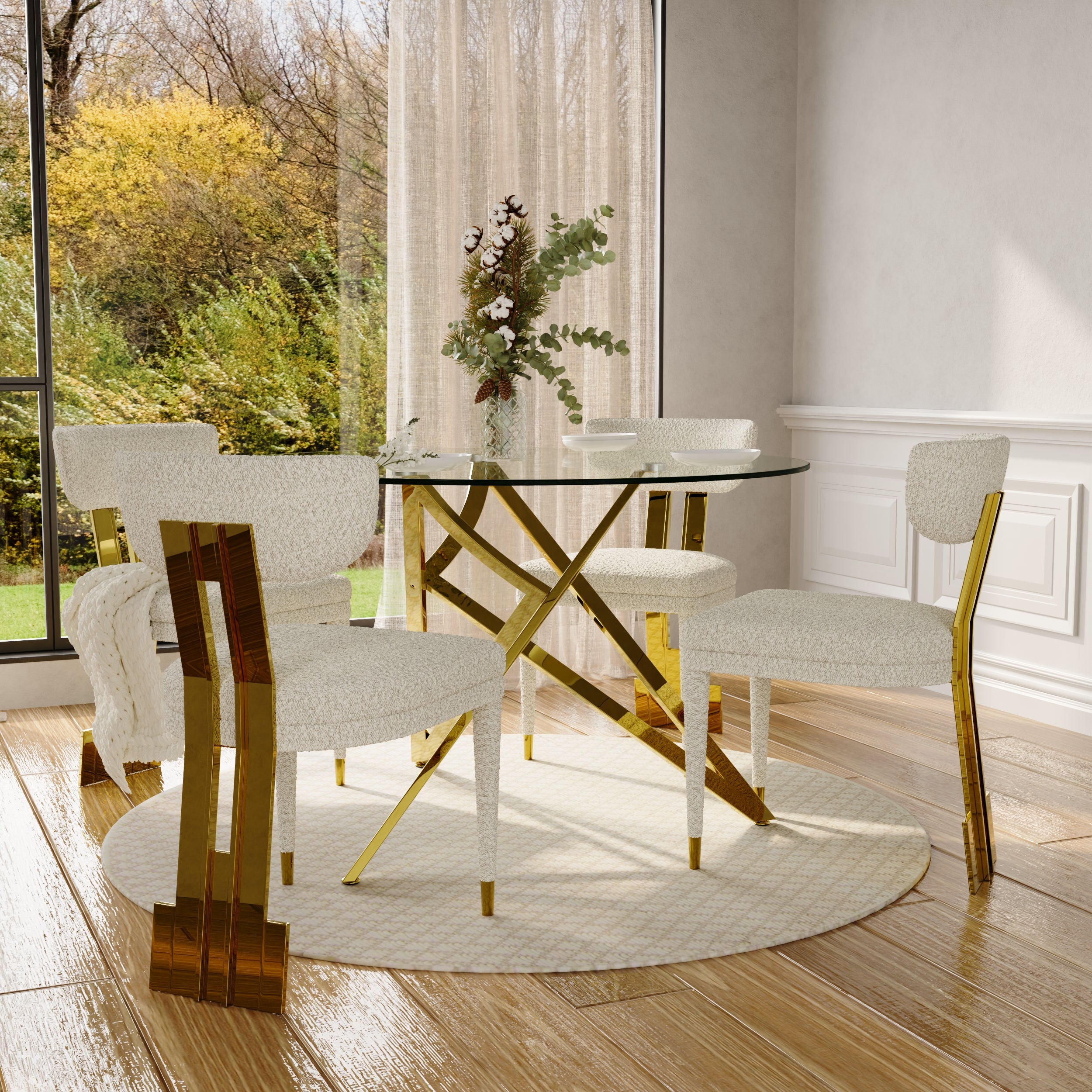 Round Dining Table | 47" Gold Glass Dining Table | Stable triangle structure | T229