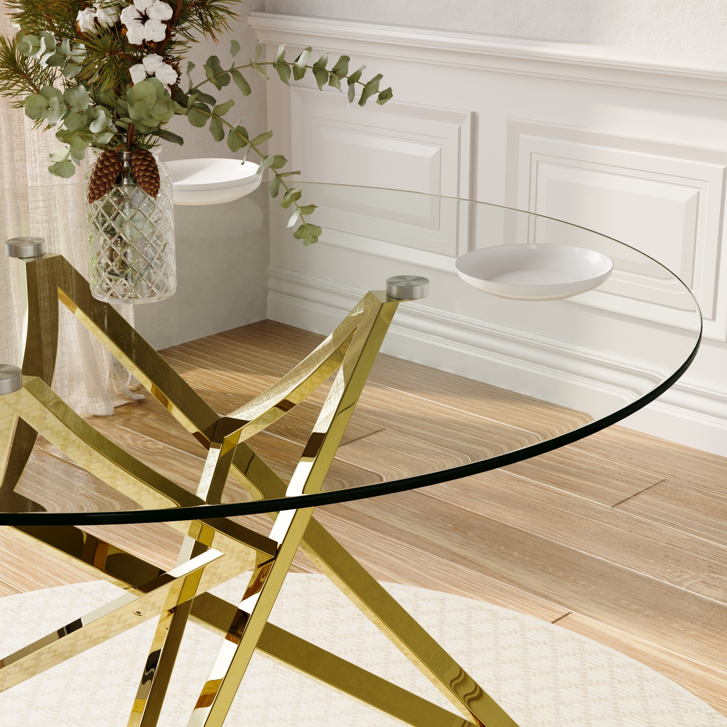 Round Dining Table | 47" Gold Glass Dining Table | Stable triangle structure | T229