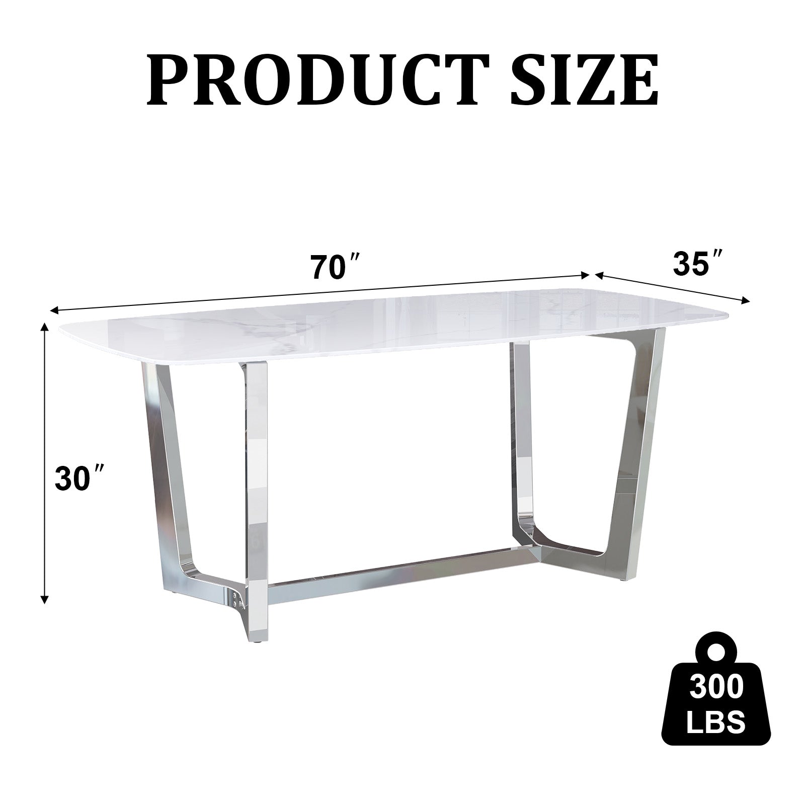70" White Dining Table | Sintered Stone Dining Room Table for 4-6 | Silver Polished Frame | T235