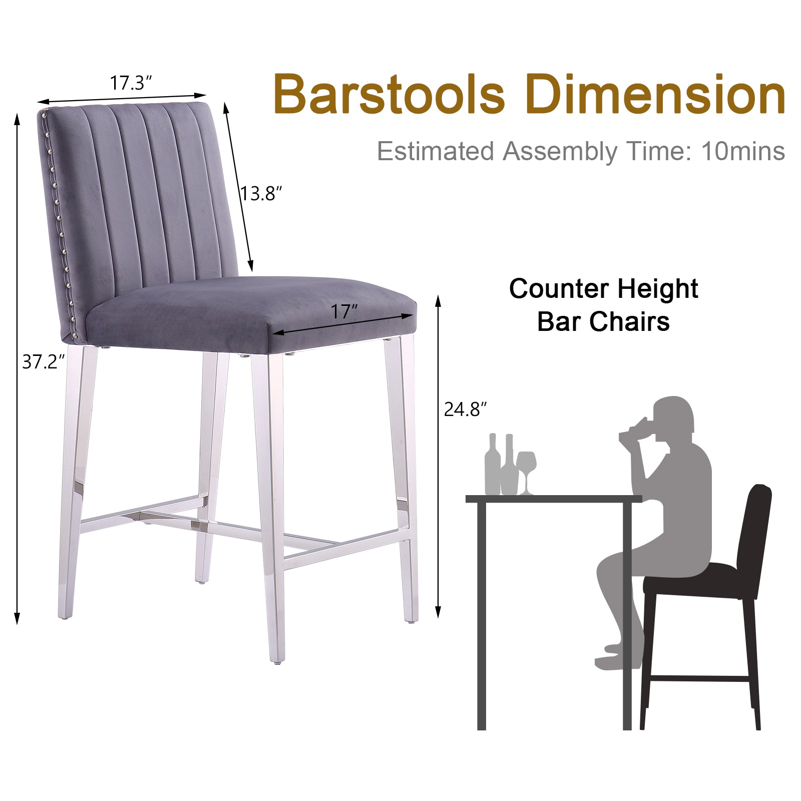 Counter Height Bar Stools | Gray Velvet | 24.8-Inch Height