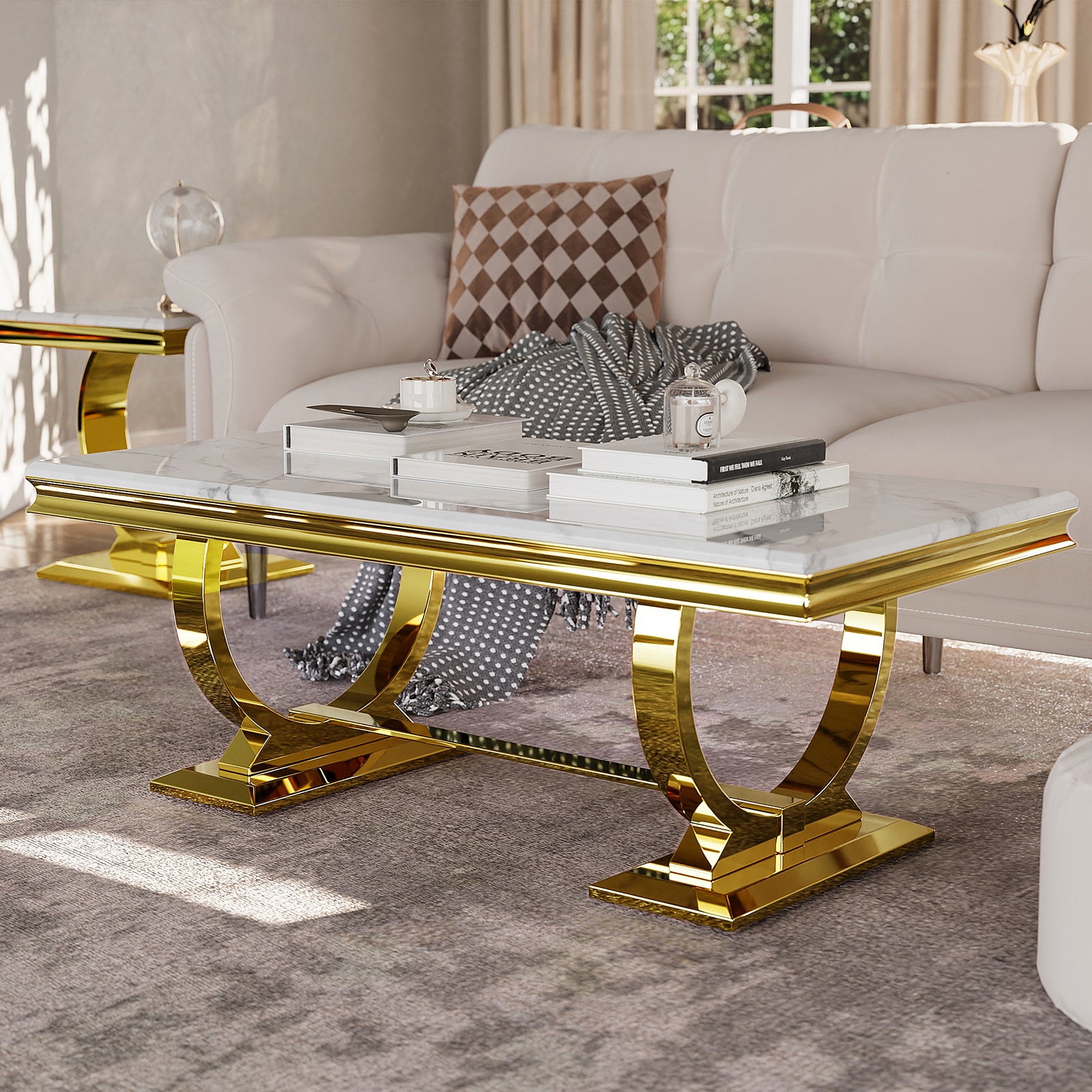 White and gold Coffee Table with Metal U-Base | F306