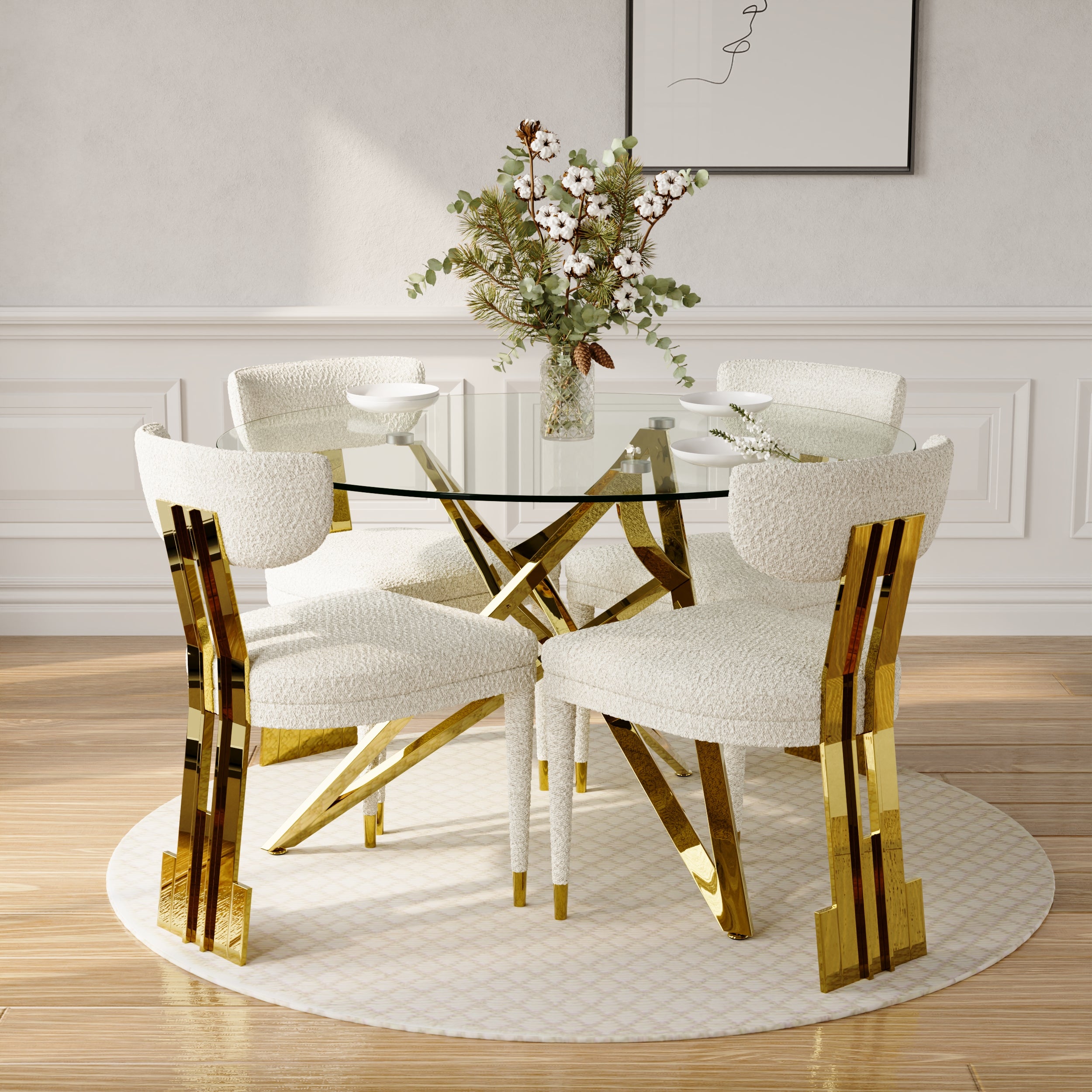 Round Dining Table | 47" Gold Glass Dining Table | Stable triangle structure | T229
