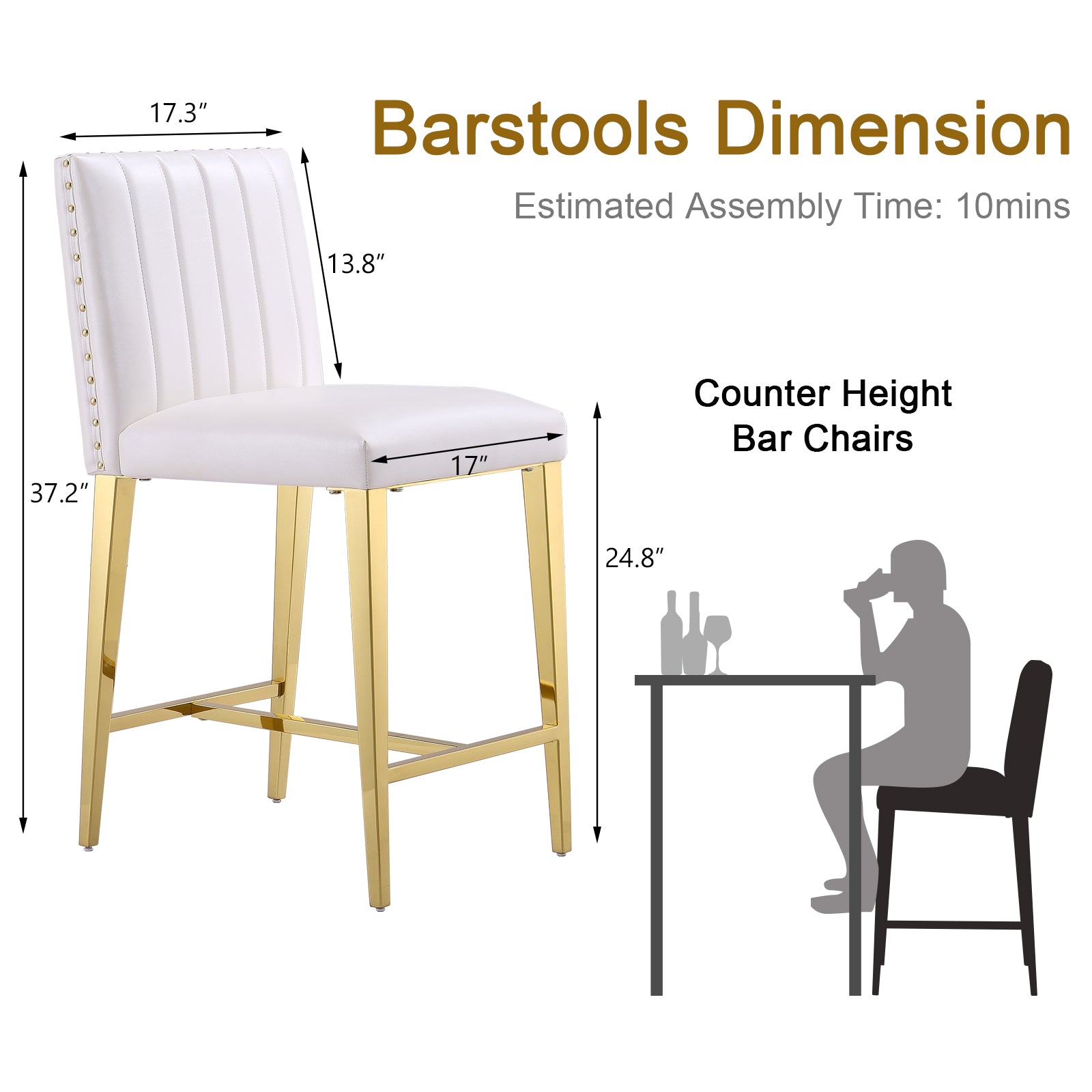 Counter Height Bar Stools | White Faux Leather | 24.8-Inch Height