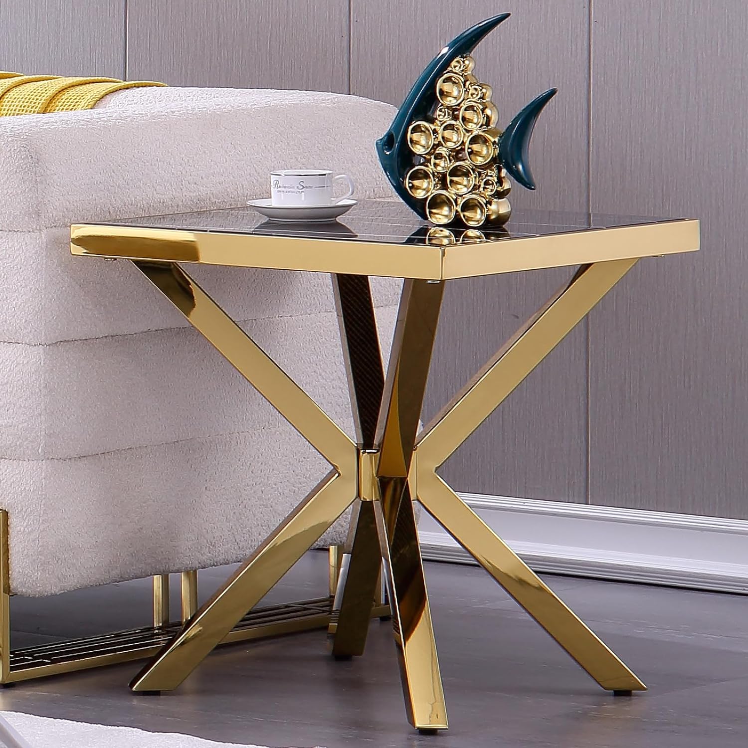 Gold End Table with Metal Cross Base | E408