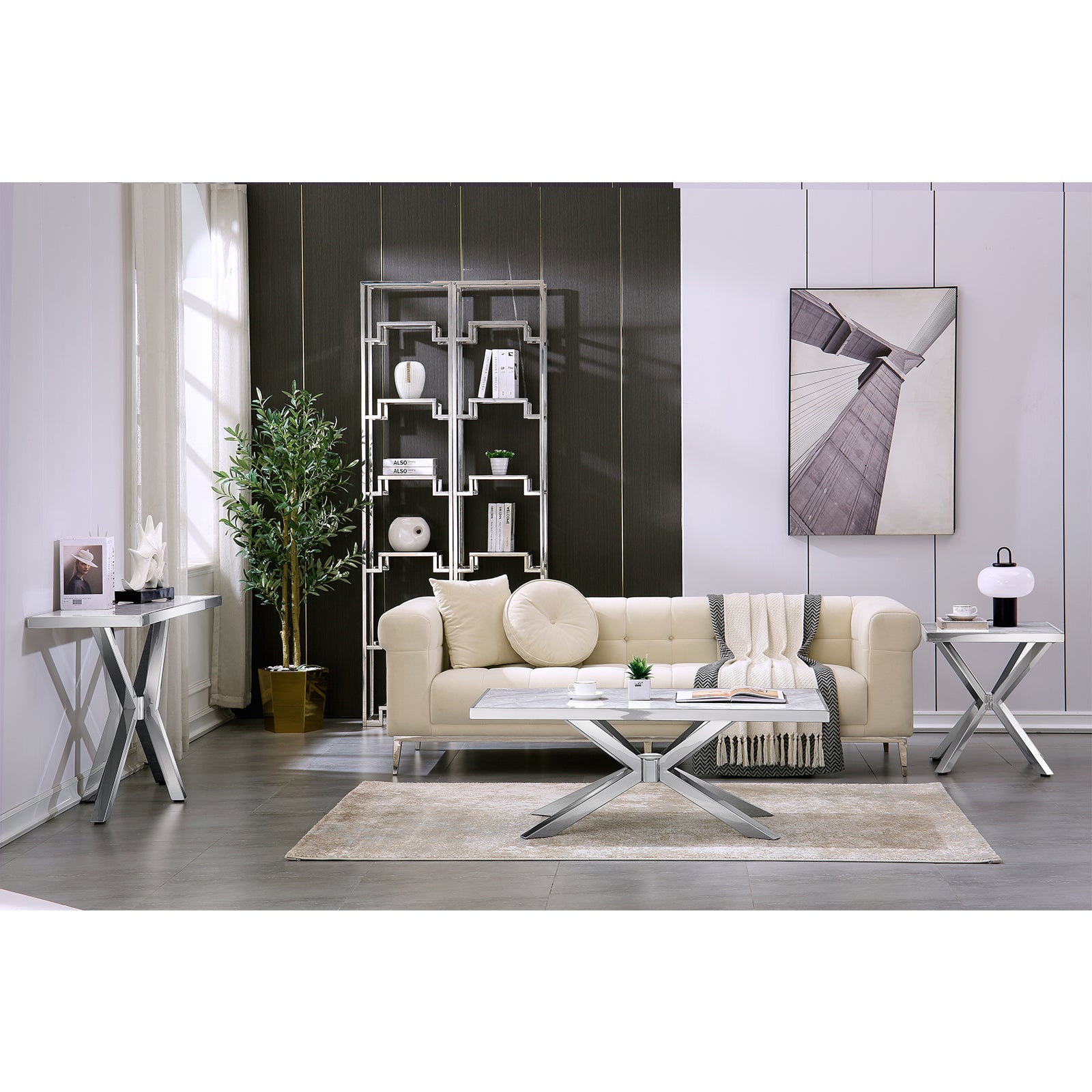 Silver and Gray Living room table Set| Metal X Base | L216