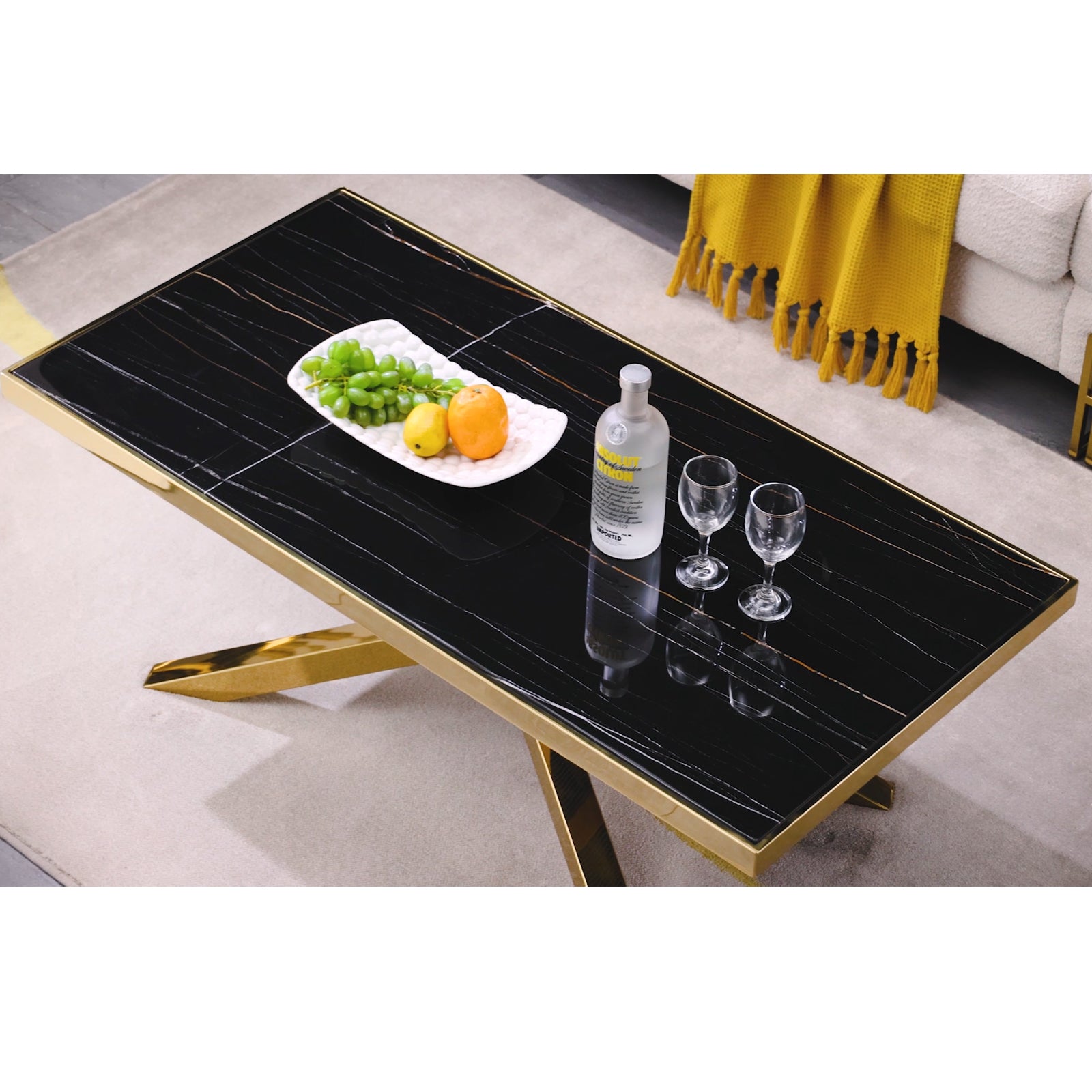 Coffee Table with Gold Cross Metal Base | F309