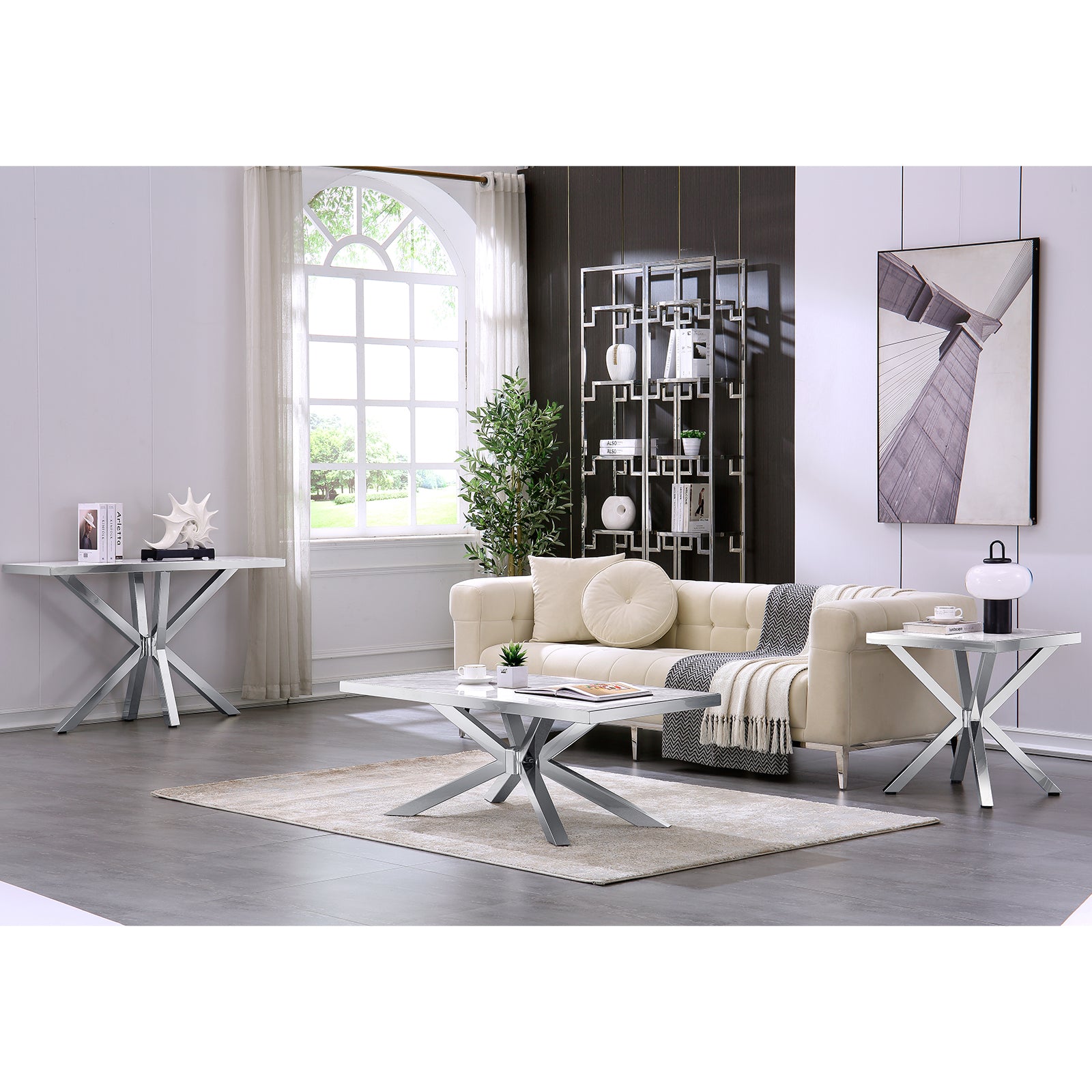 Silver End Table with Metal Cross Base | E409