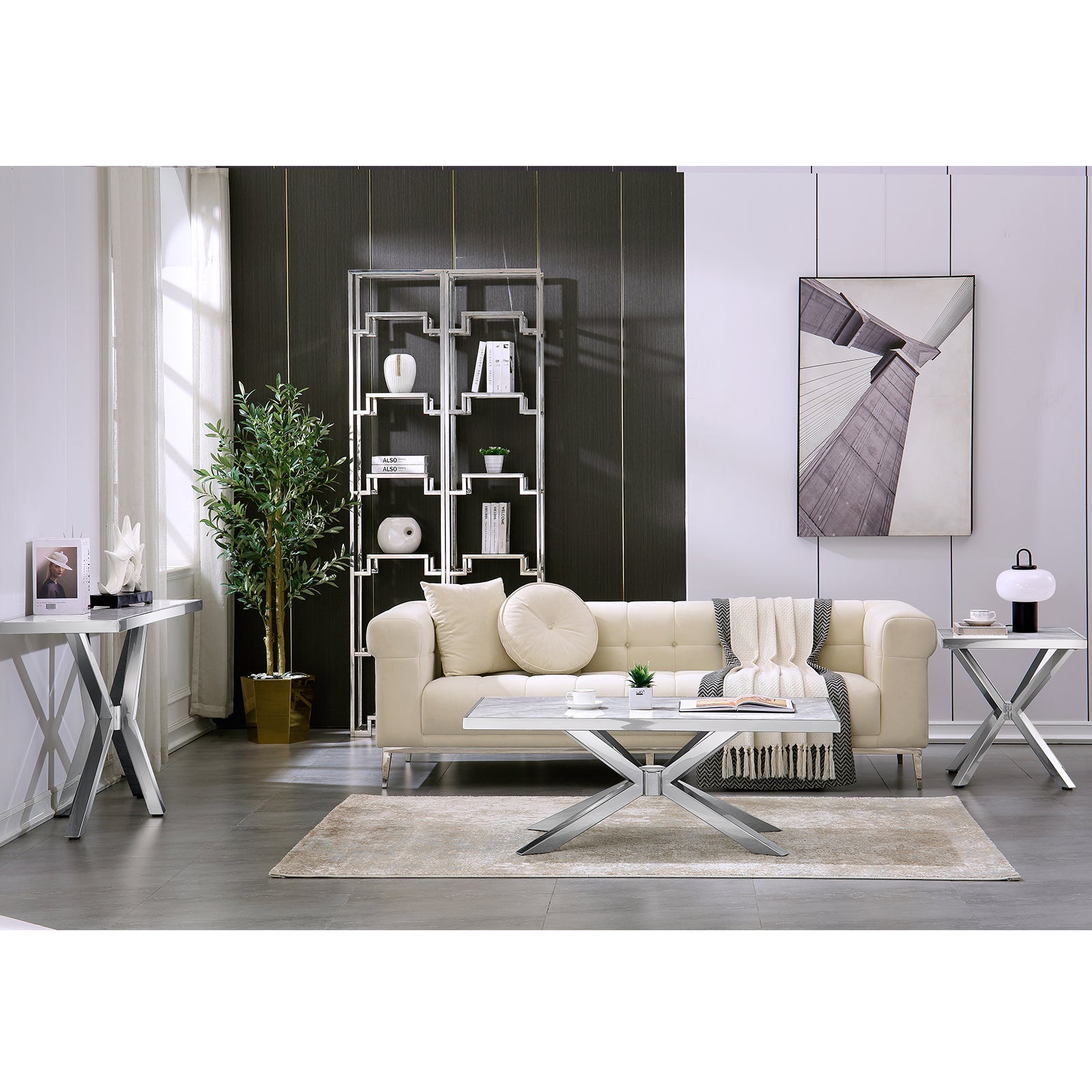 Silver End Table with Metal Cross Base | E409