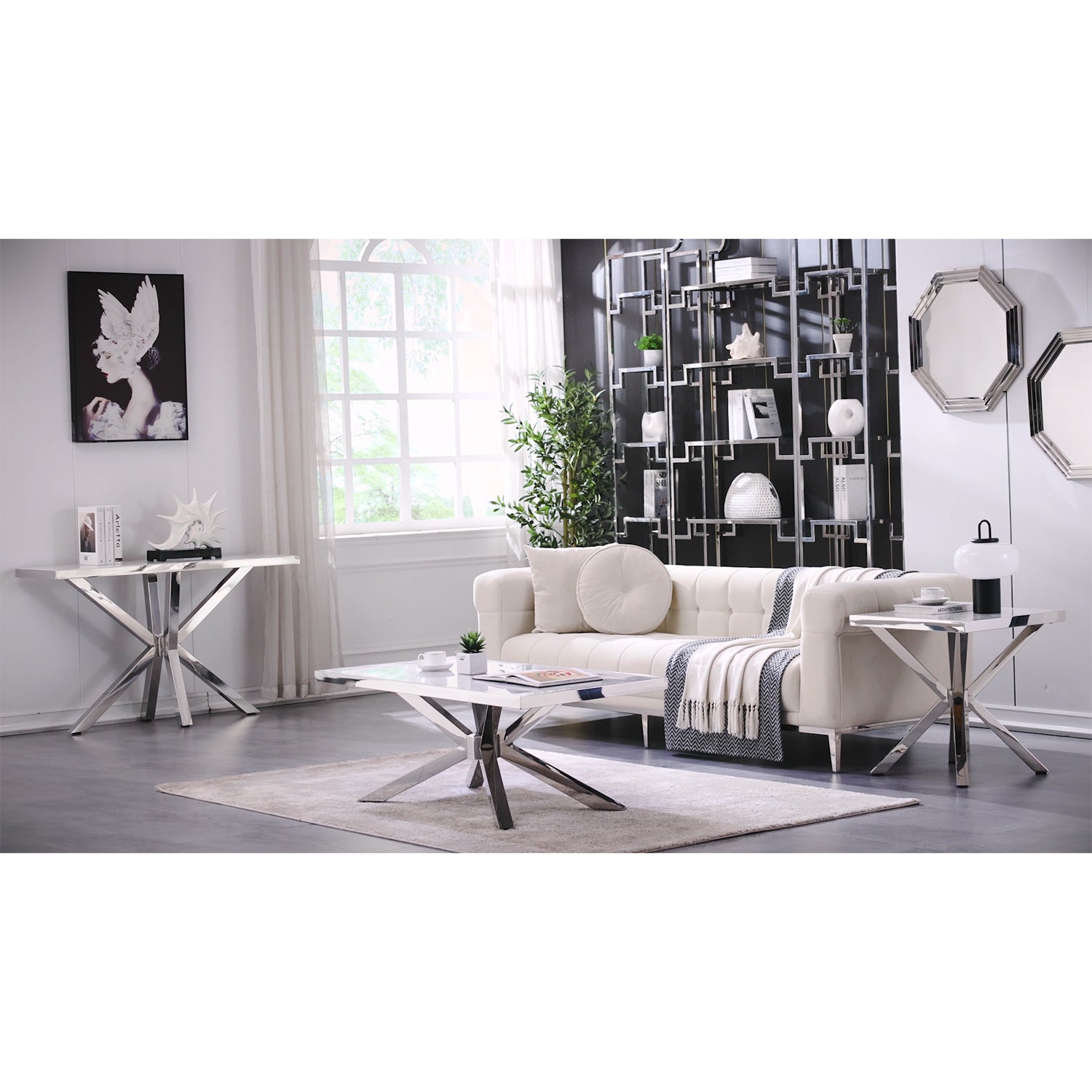 Coffee Table with Silver Cross Metal Base | F308