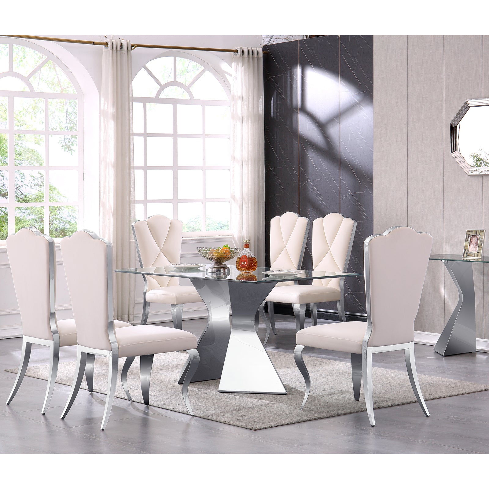 White velvet dining chairs | Cloud backrest design | Silver Metal legs | C141