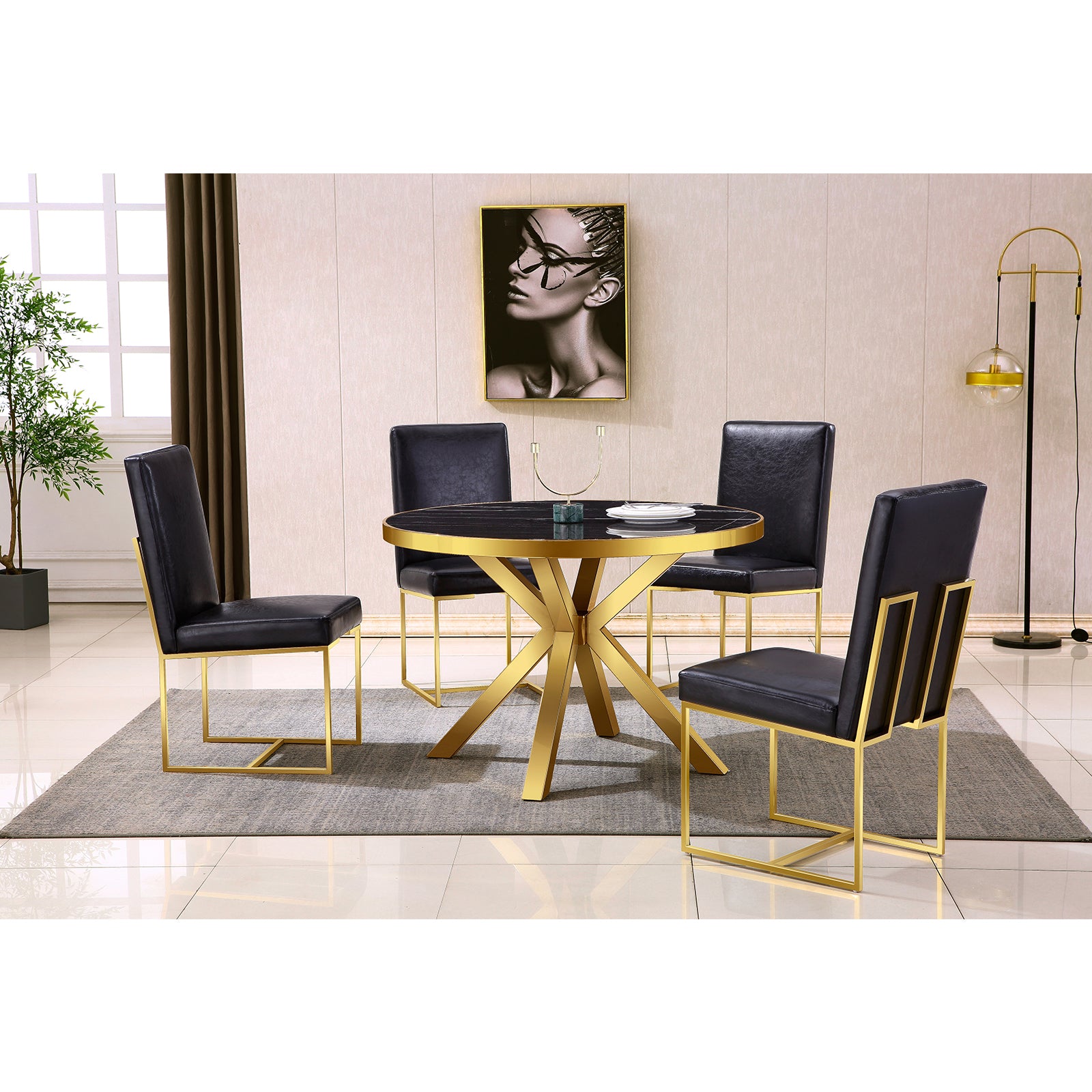 Black leather Dining Chairs | Square backrest| Metal sled base | C147