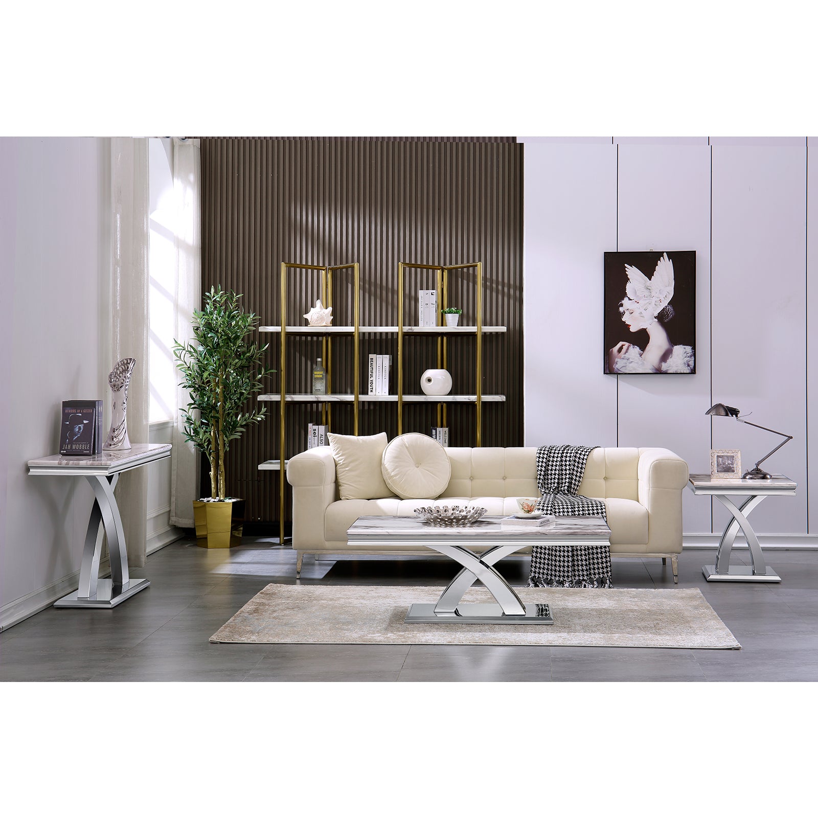 Silver Gray Living room table Set | Metal X Base | L214