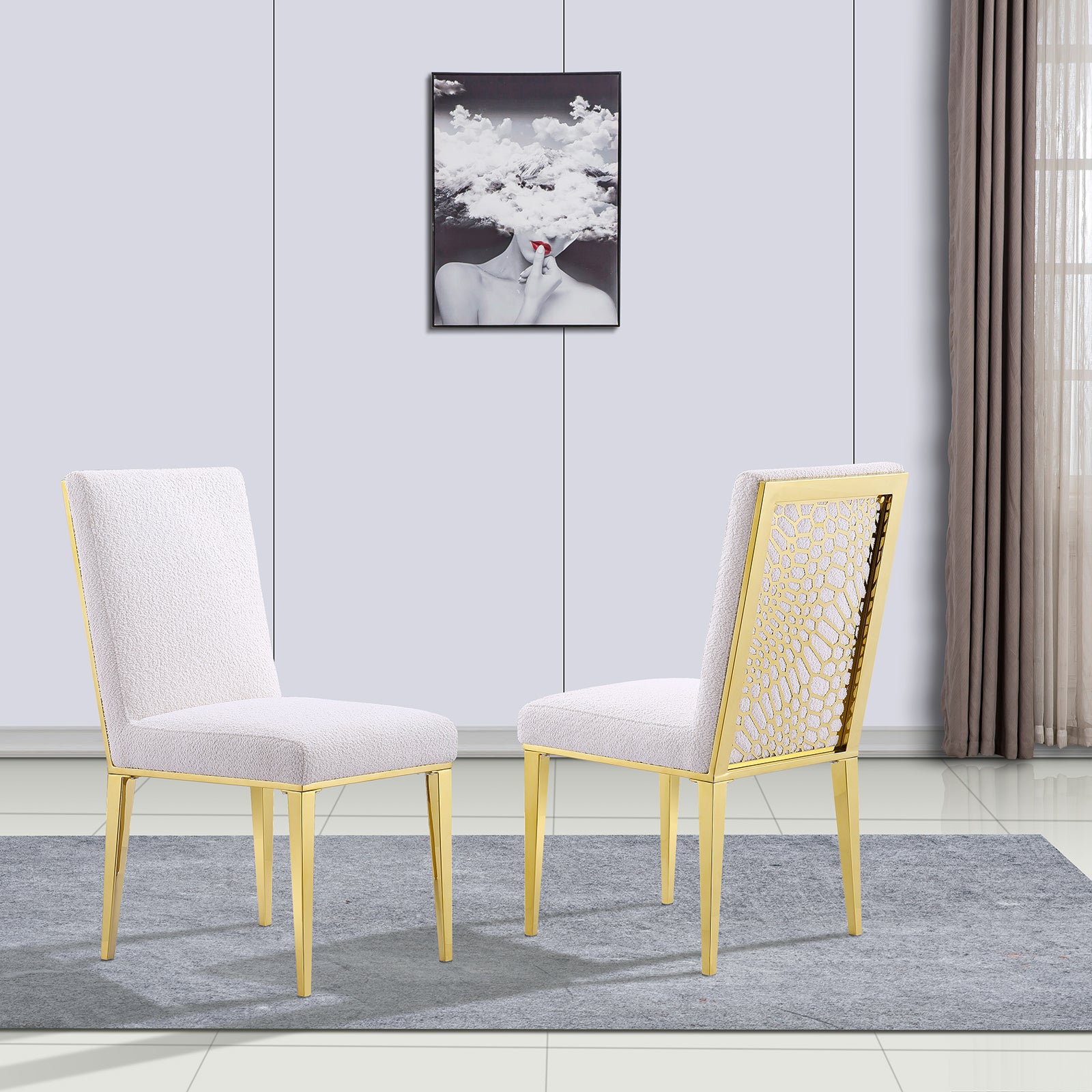 Boucle Dining Chairs |Metal pattern back|Metal legs| C107