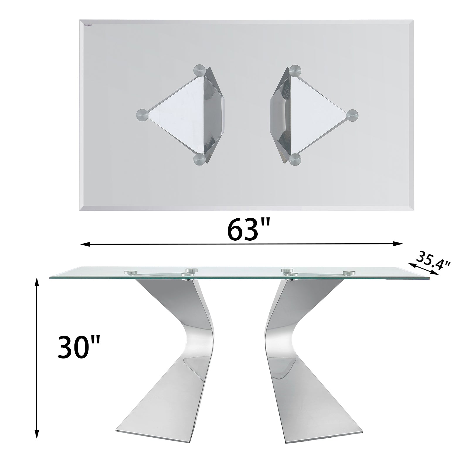 AUZ Clear Glass dining table | 63" table Top | Silver Triangular Metal Legs Suit for 4-6| T225