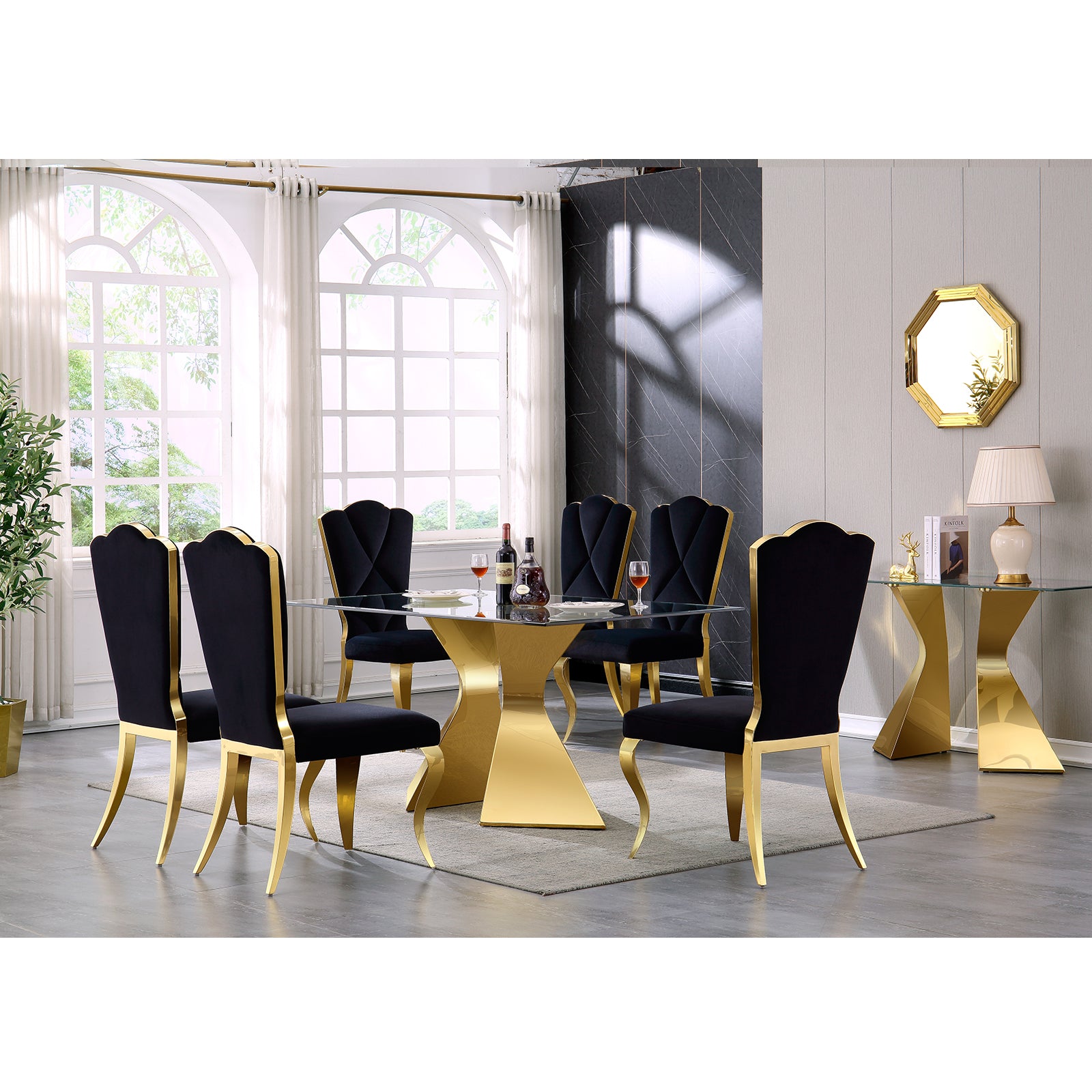 AUZ Glass Dining room Set for 6-7pcs Dining room set Clear Glass dining table with Black dining chairs
