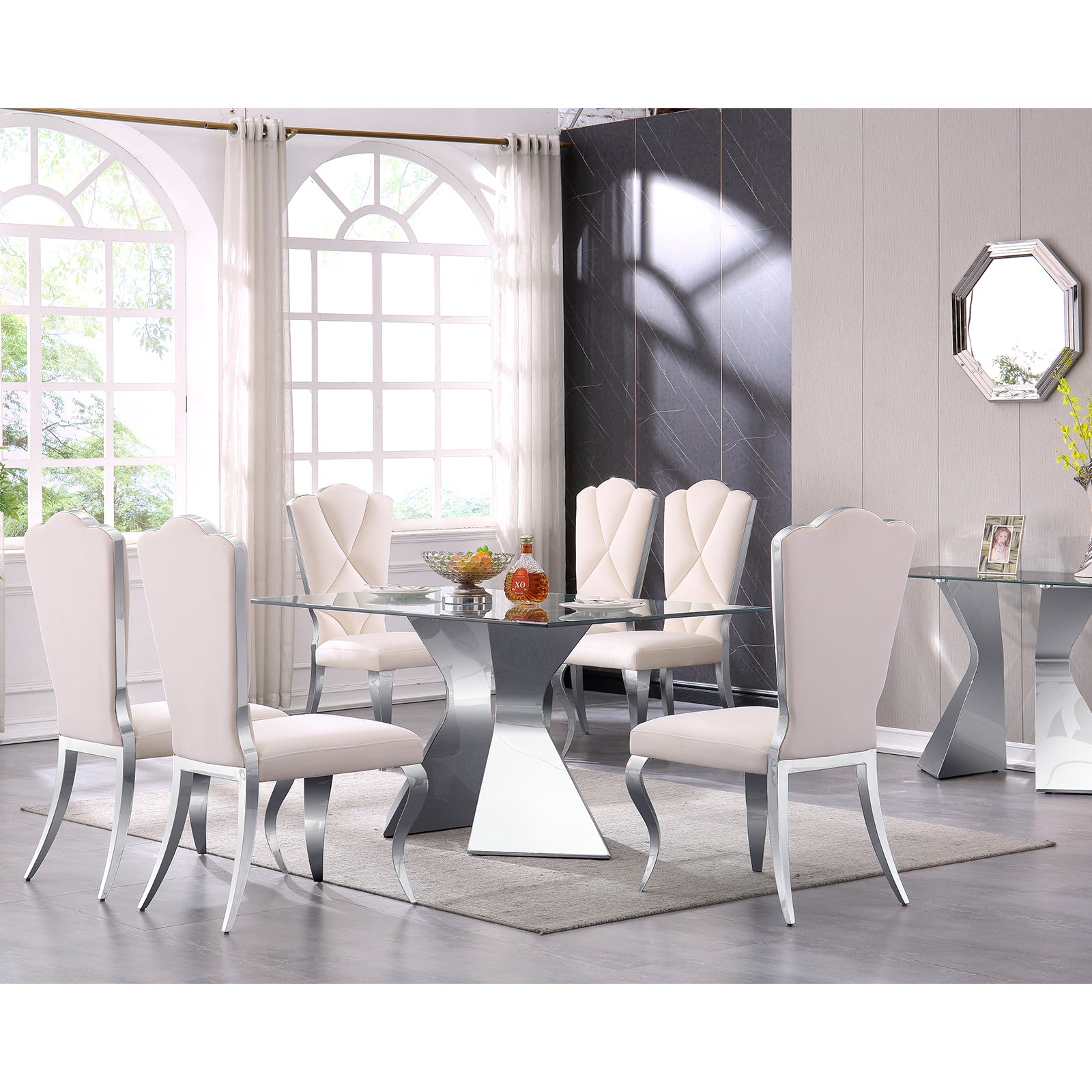 AUZ Clear Glass dining table | 63" table Top | Silver Triangular Metal Legs  Suit for 4-6| T225