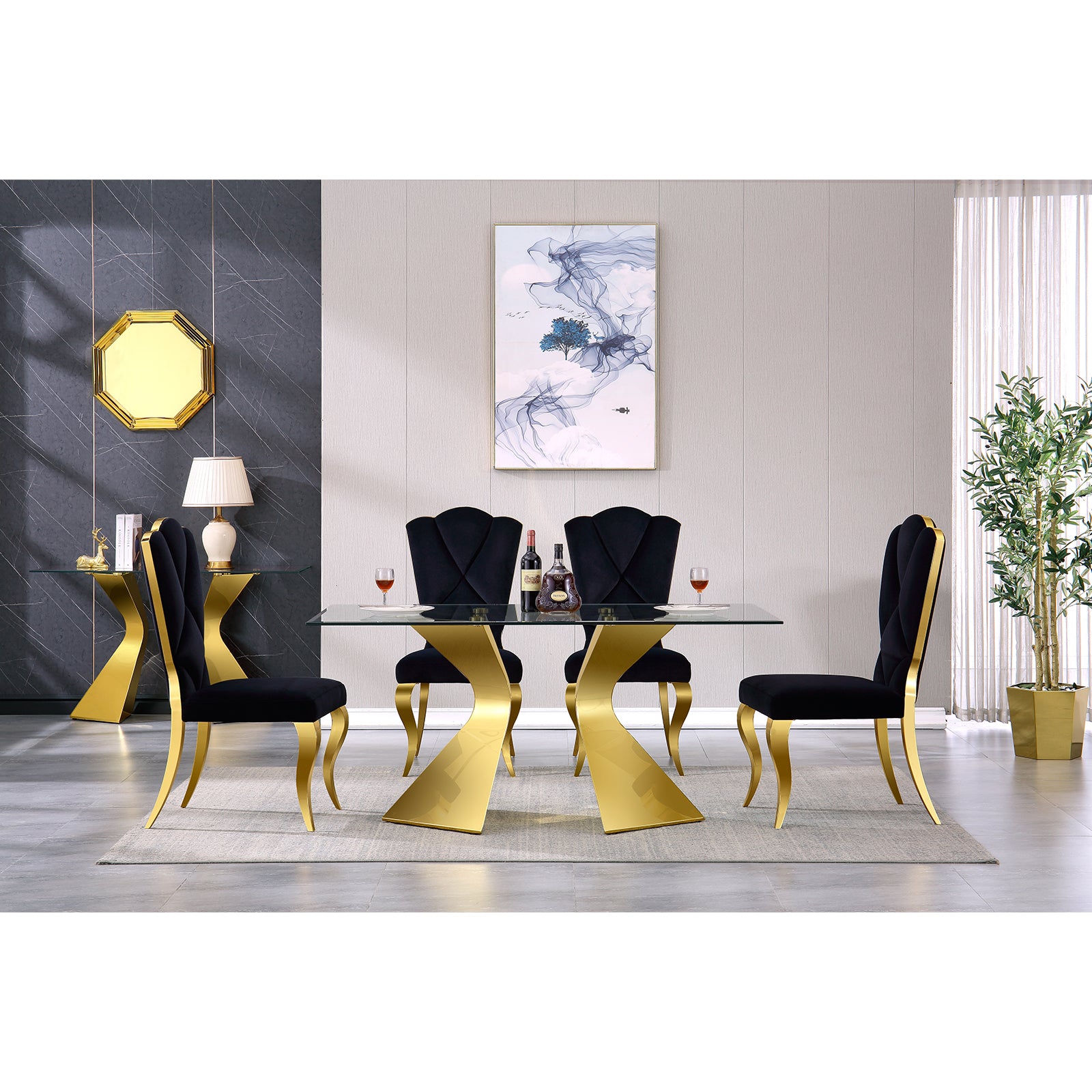 AUZ Glass Dining room Set for 6-7pcs Dining room set Clear Glass dining table with Black dining chairs
